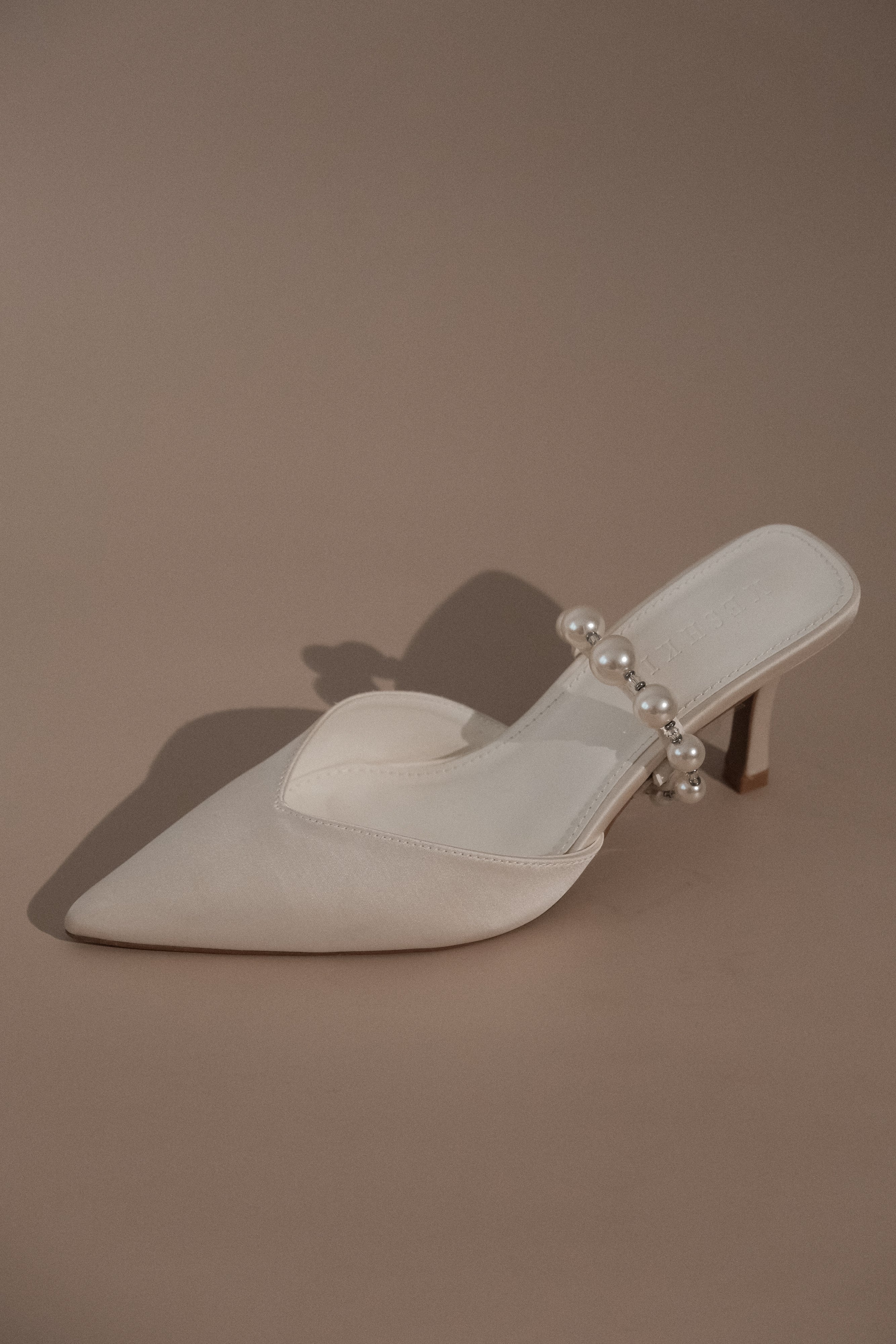 Pearl Embellished Mule Shoes for Women - Karla Ivory Satin Pointed Toe