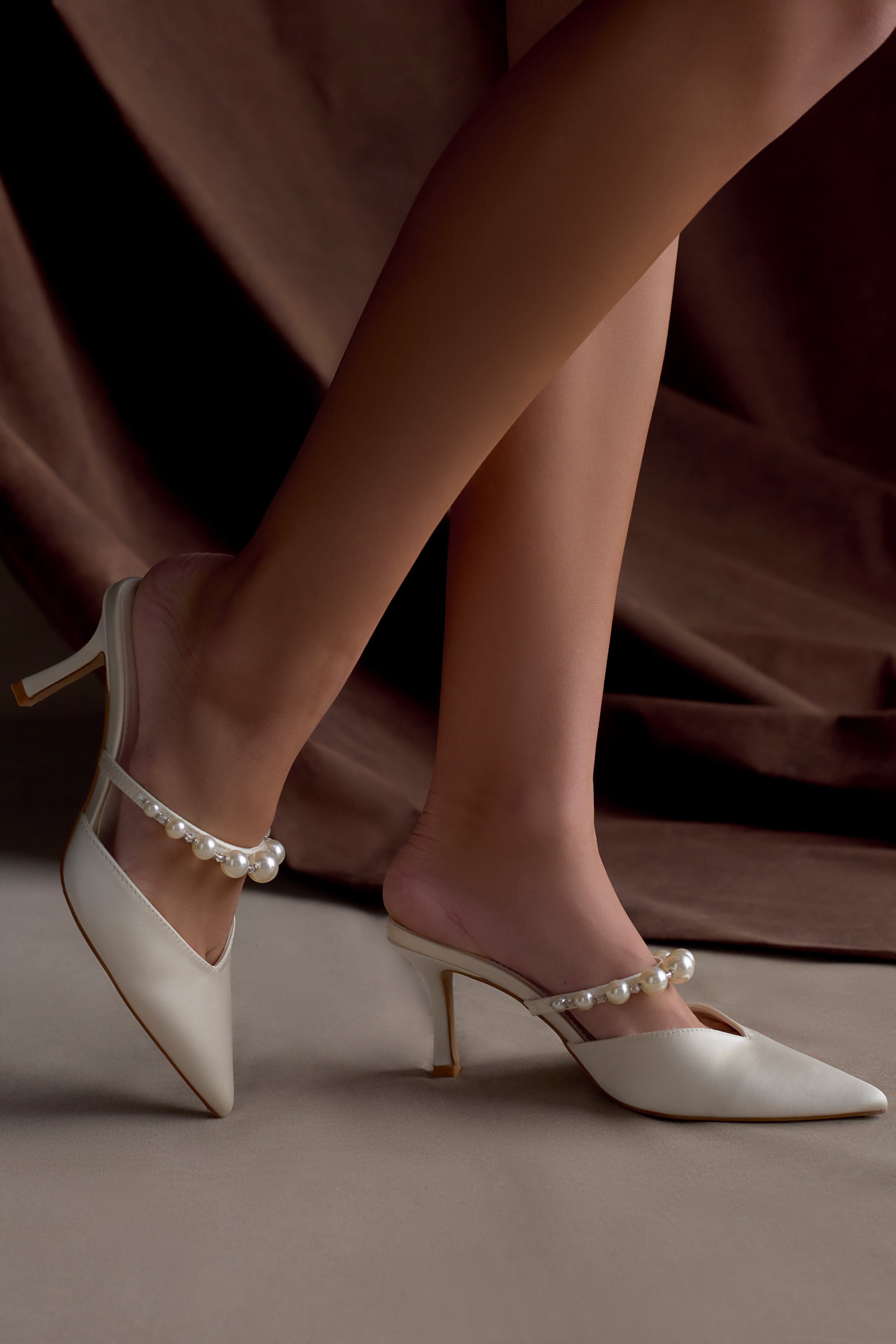 Pearl Embellished Mule Shoes for Women - Karla Ivory Satin Pointed Toe