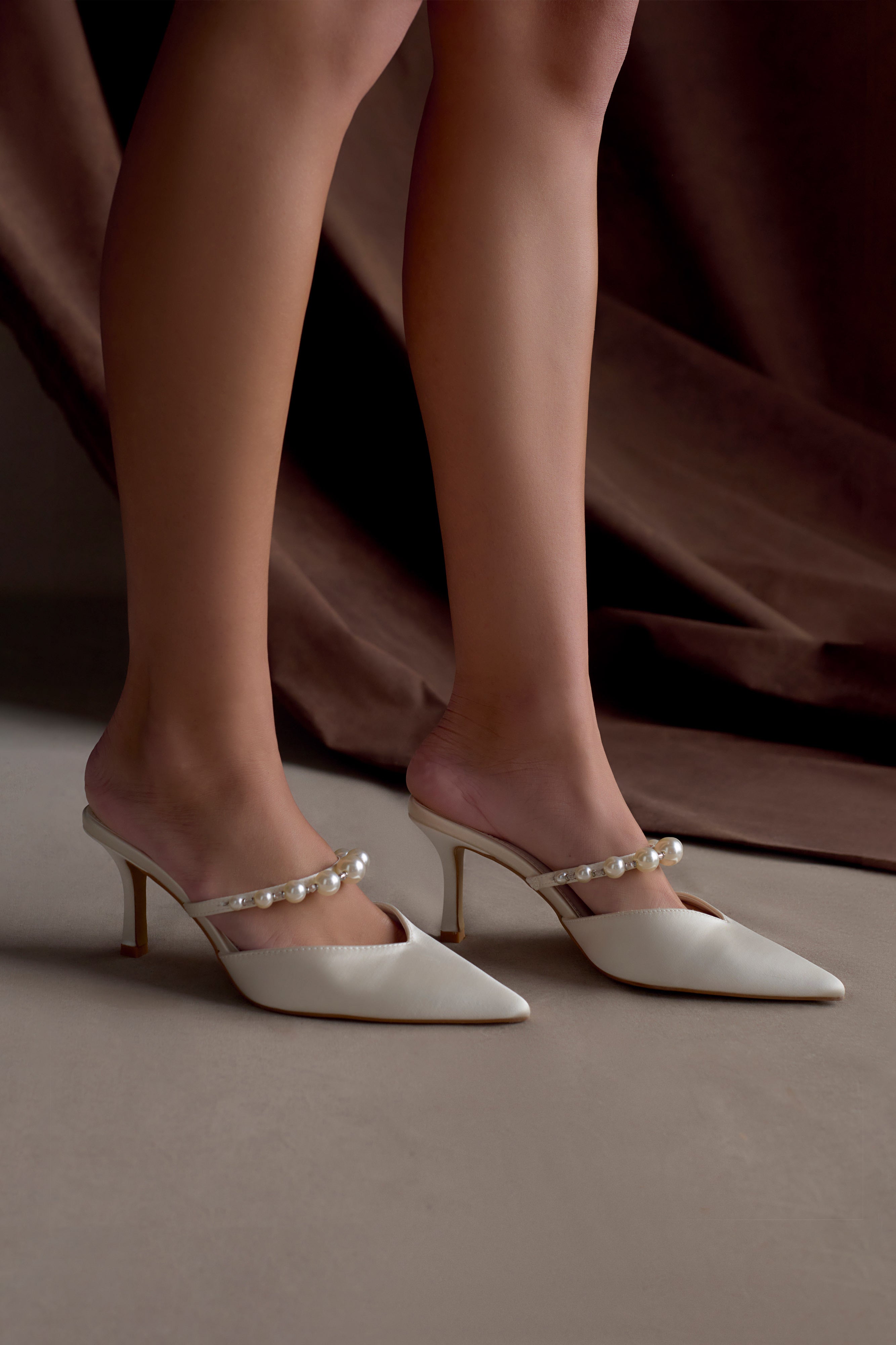 Pearl Embellished Mule Shoes for Women - Karla Ivory Satin Pointed Toe