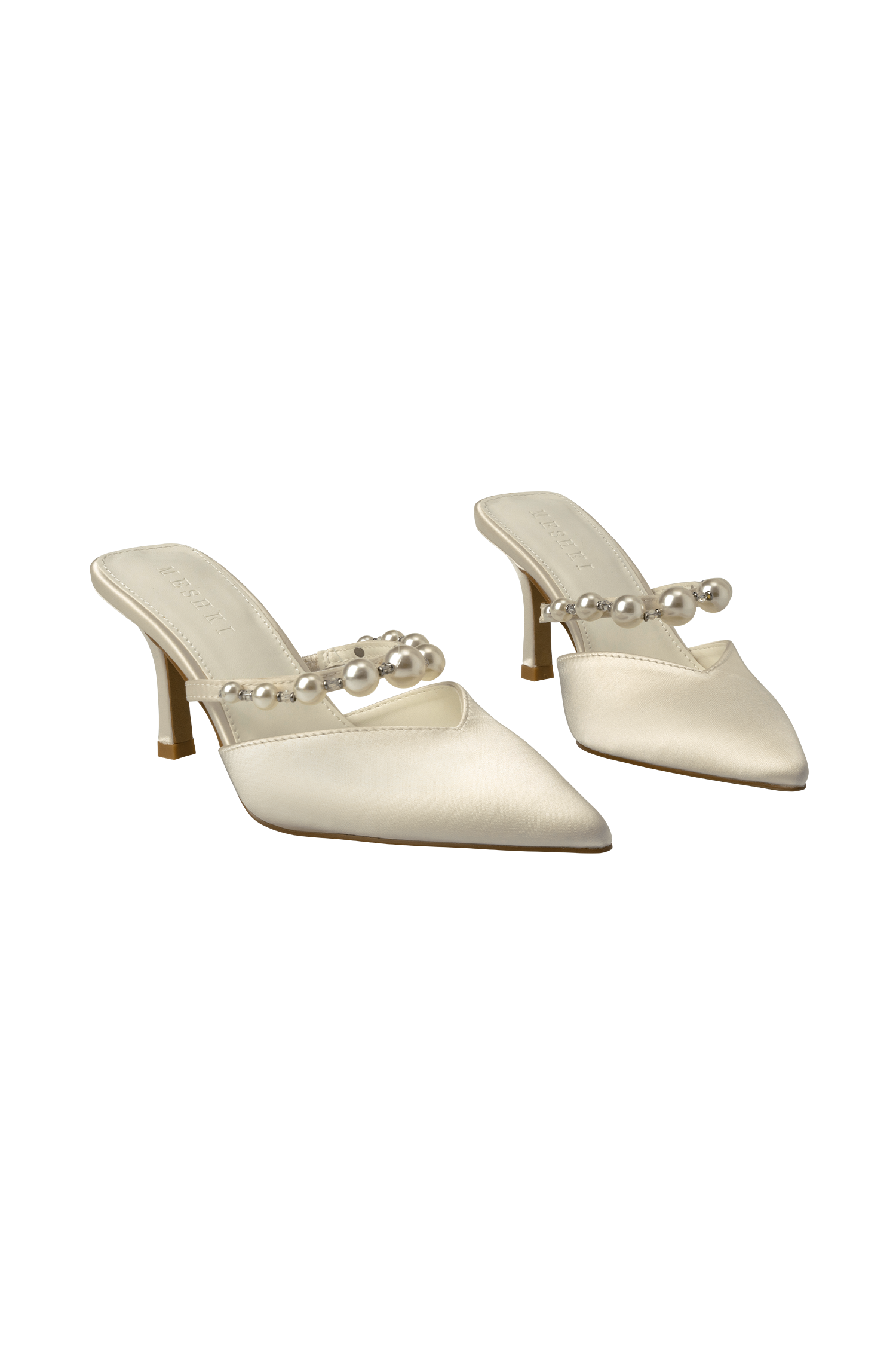 Pearl Embellished Mule Shoes for Women - Karla Ivory Satin Pointed Toe