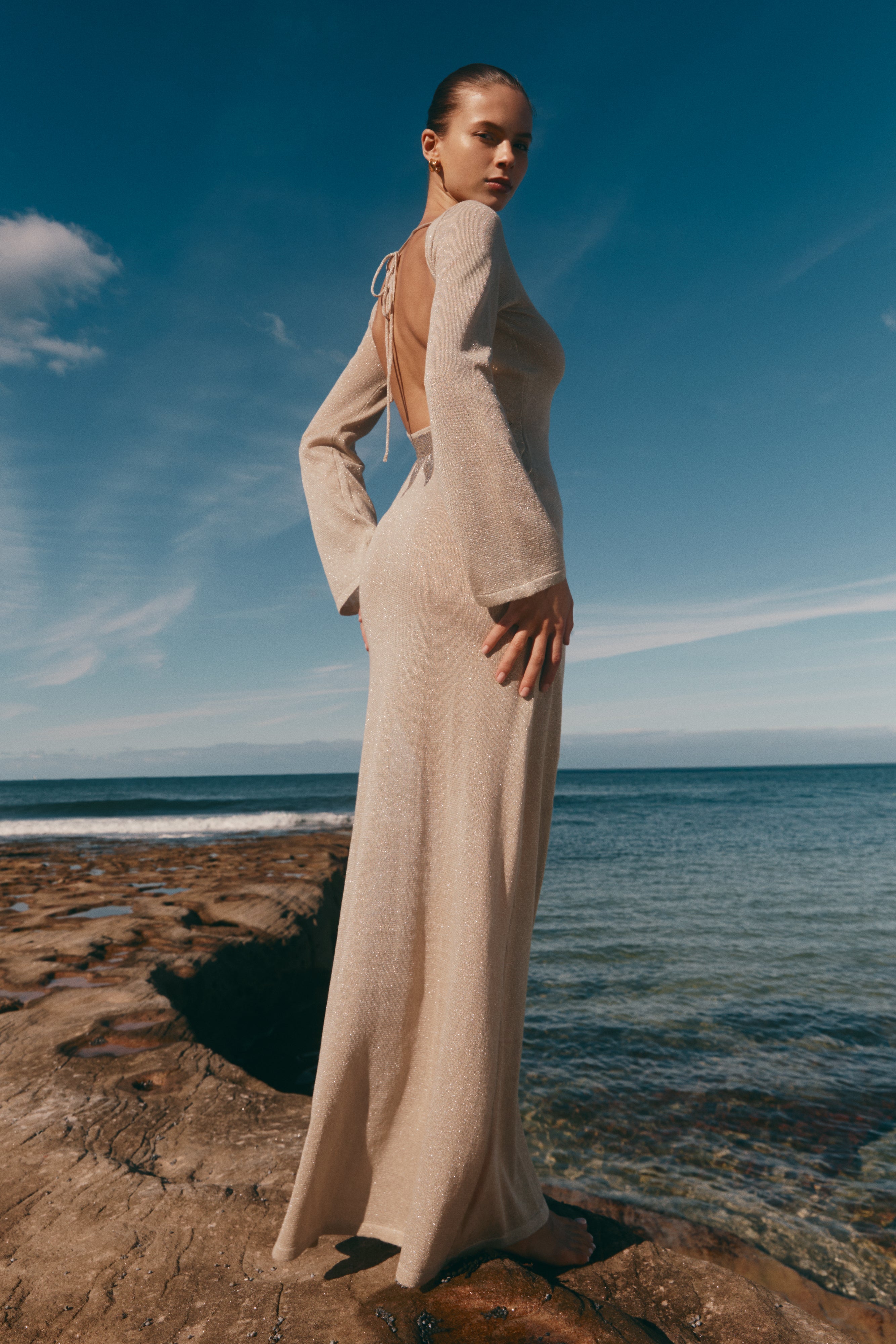 Sequin Maxi Dress with Cowl Neck & Open Back | Atticus Knit Gold
