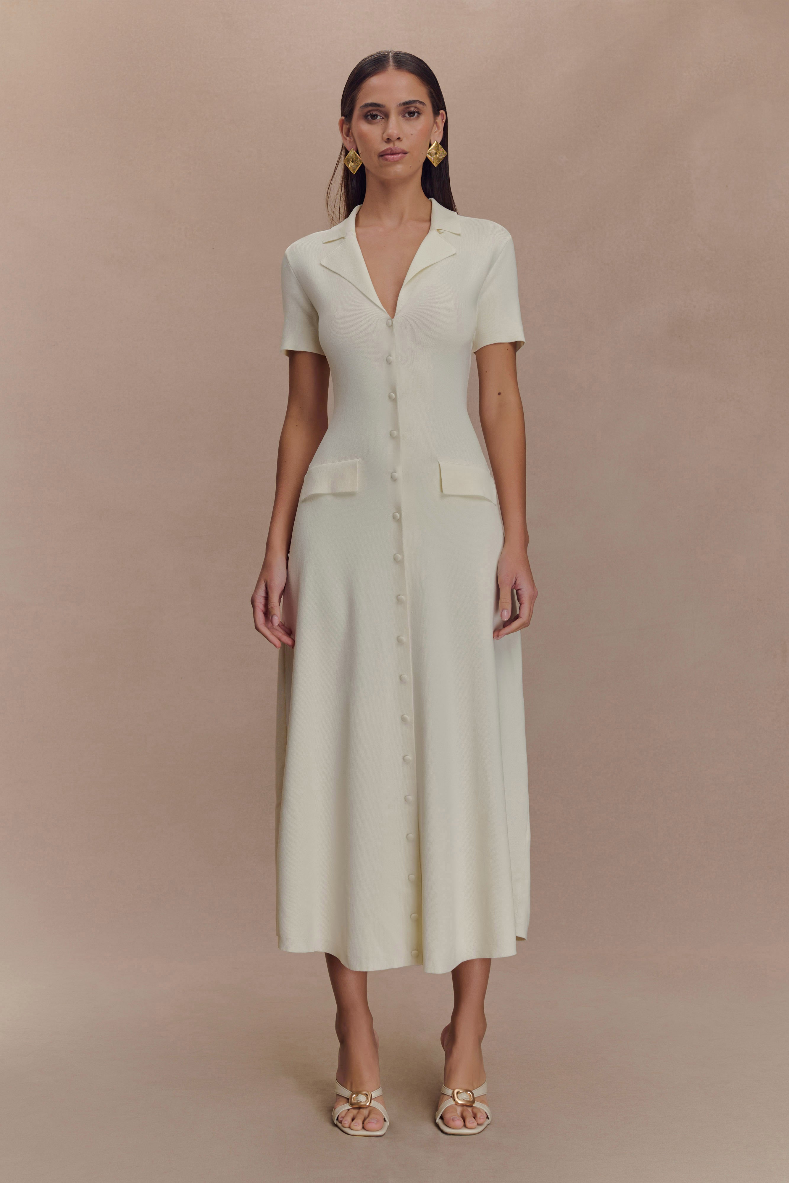 Short Sleeve Knit Midi Dress with V-Neck & Waist Tie | Pearson