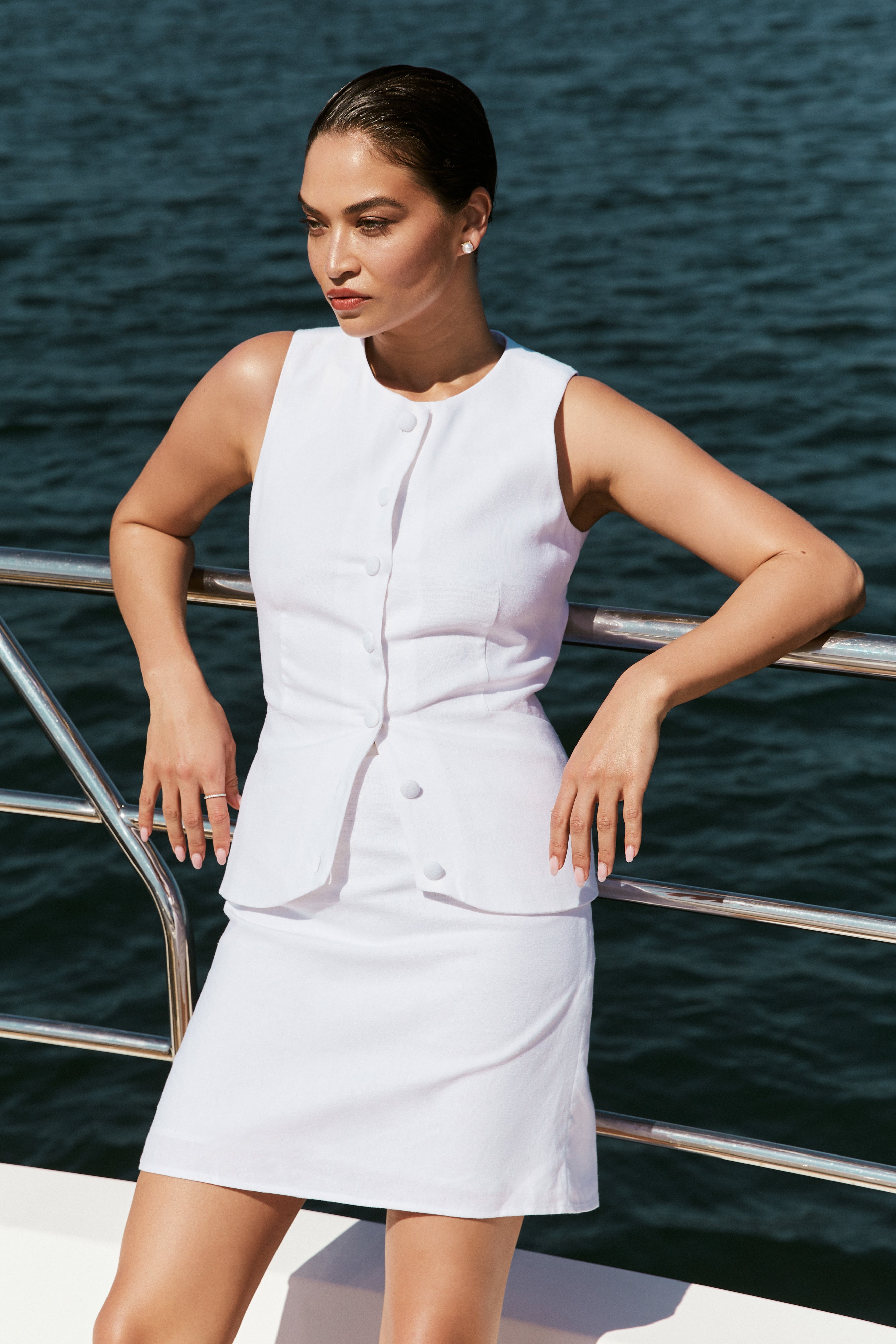 Sleeveless Linen Top with Belt Detail & Button Closure | Laurence