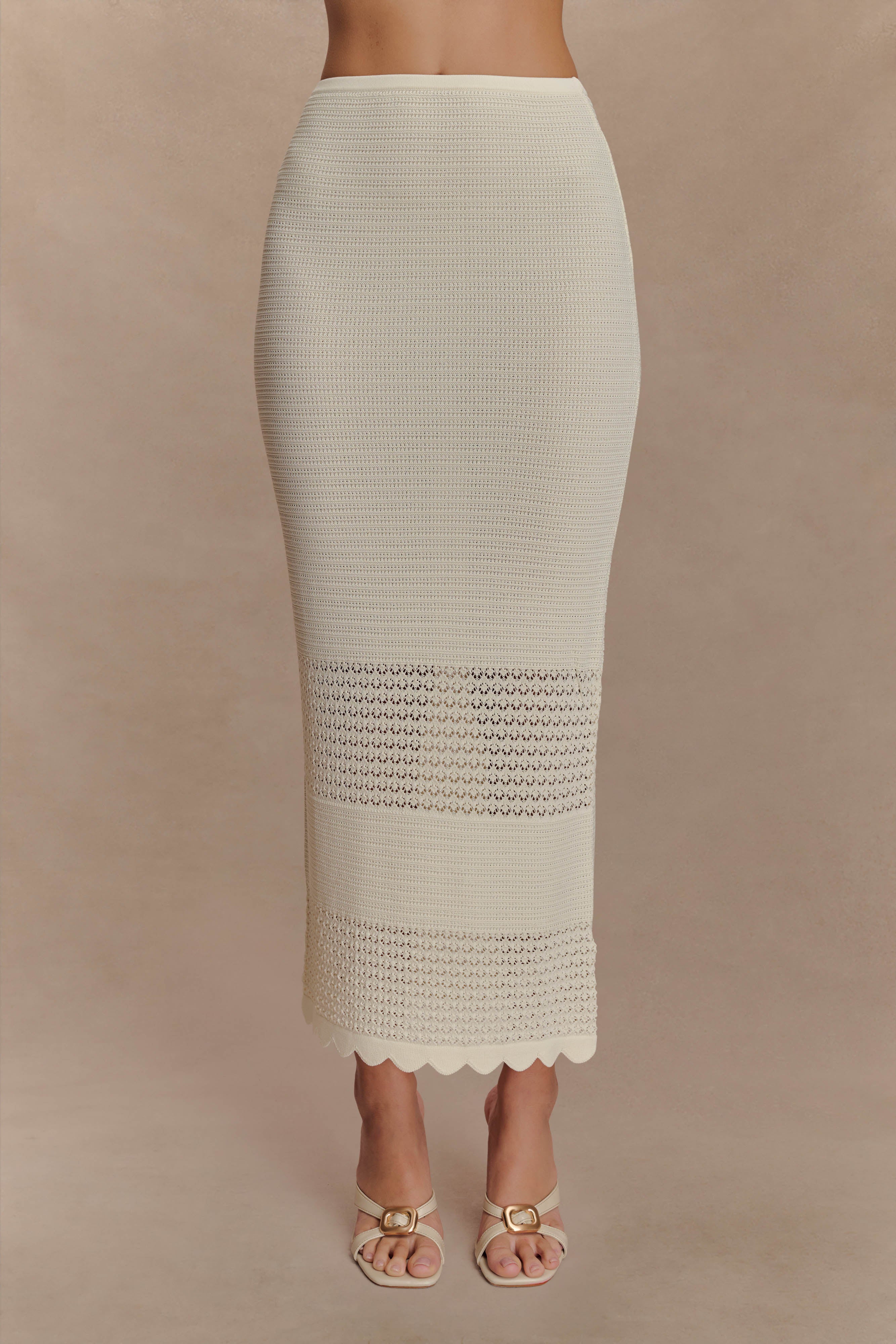 Scallop Knit Midi Skirt with Pointelle Detailing | Madeline Ivory
