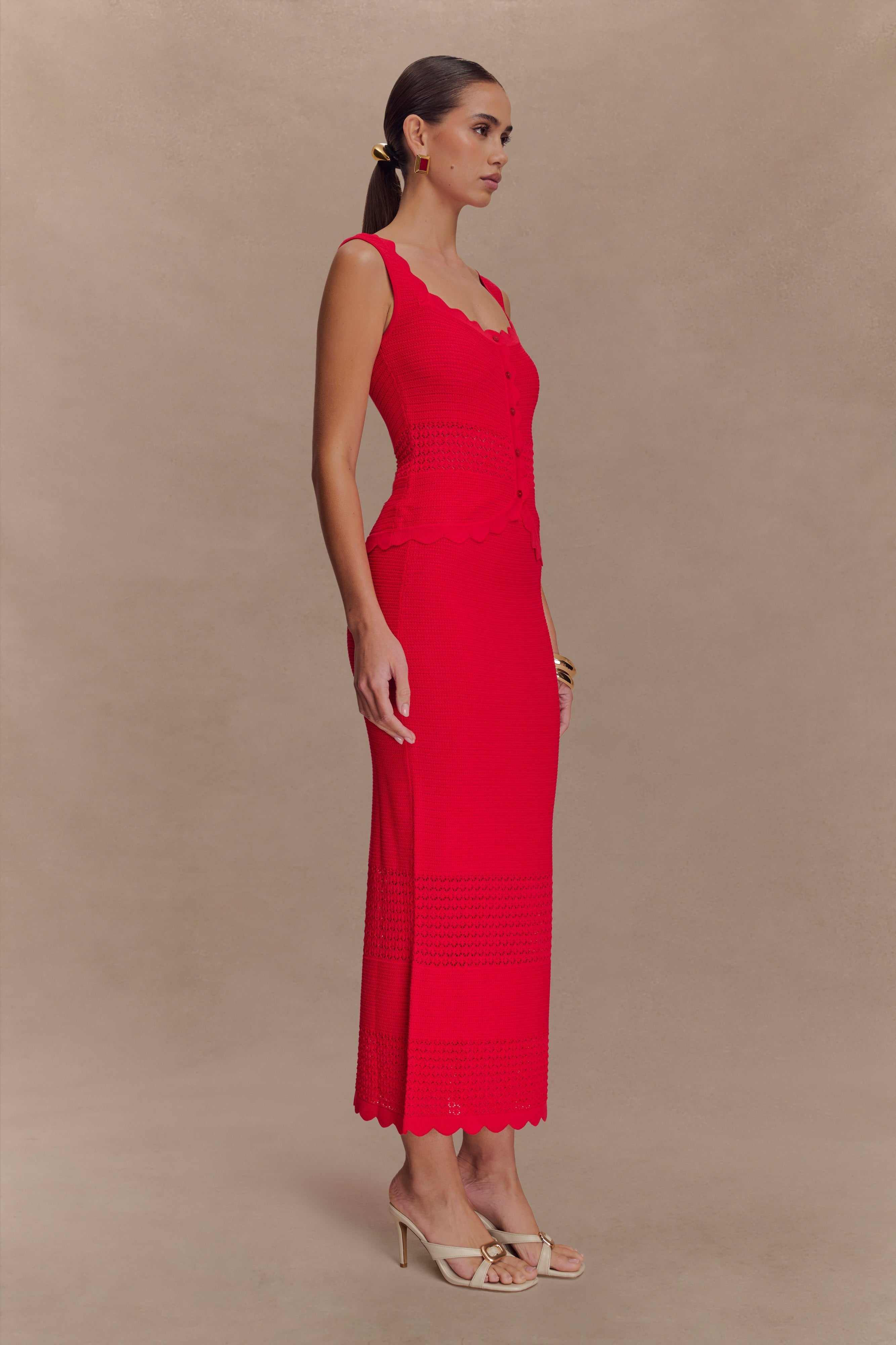 Scallop Knit Midi Skirt - High Waisted & Pointelle Detail | Madeline