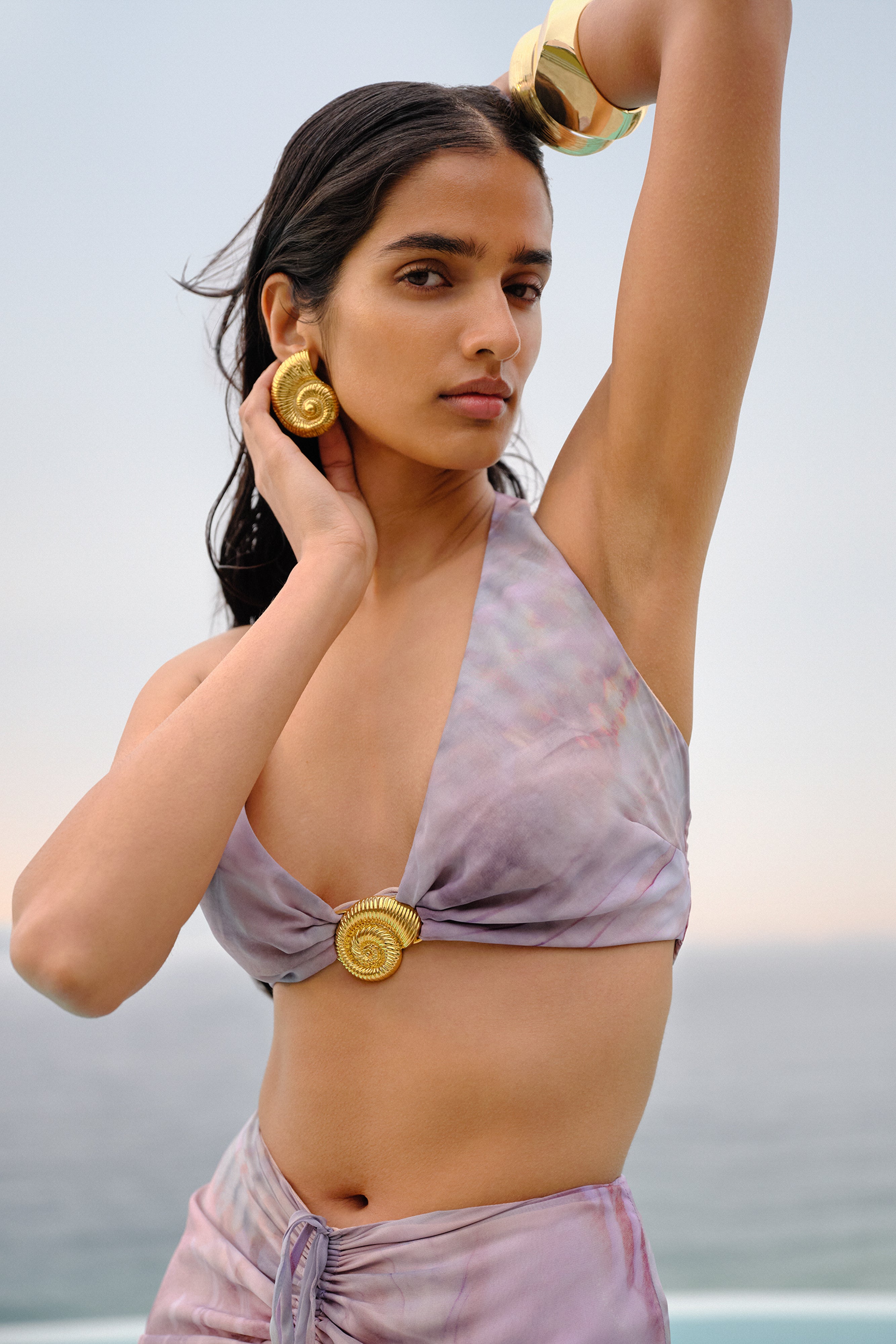 Shell Hardware Halter Top with V Neckline | Ursula Mermaid Print