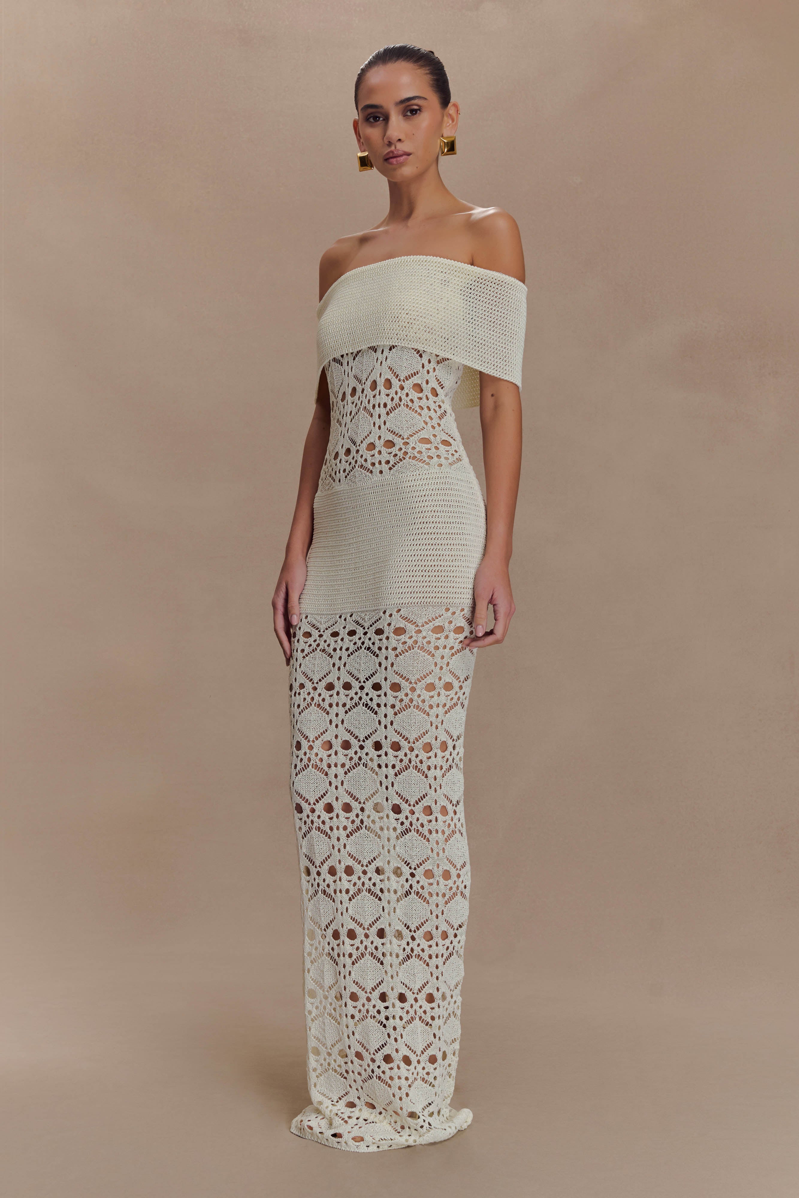 Off Shoulder Crochet Maxi Dress for Summer | Solstice Ivory