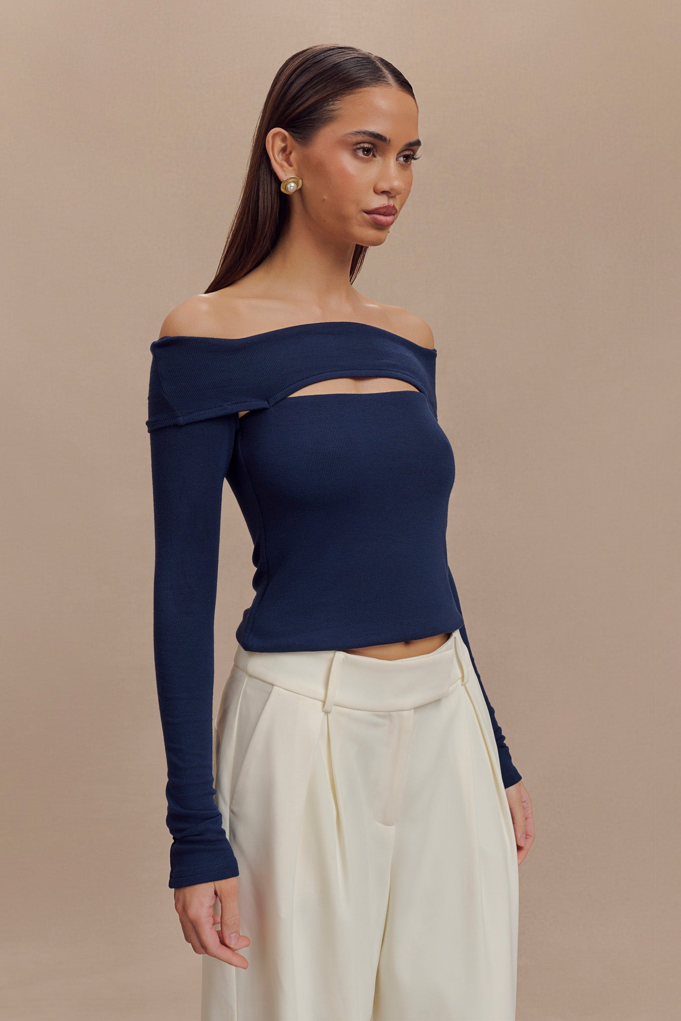 Cut Out Modal Long Sleeve Top with Bardot Neckline | Briah