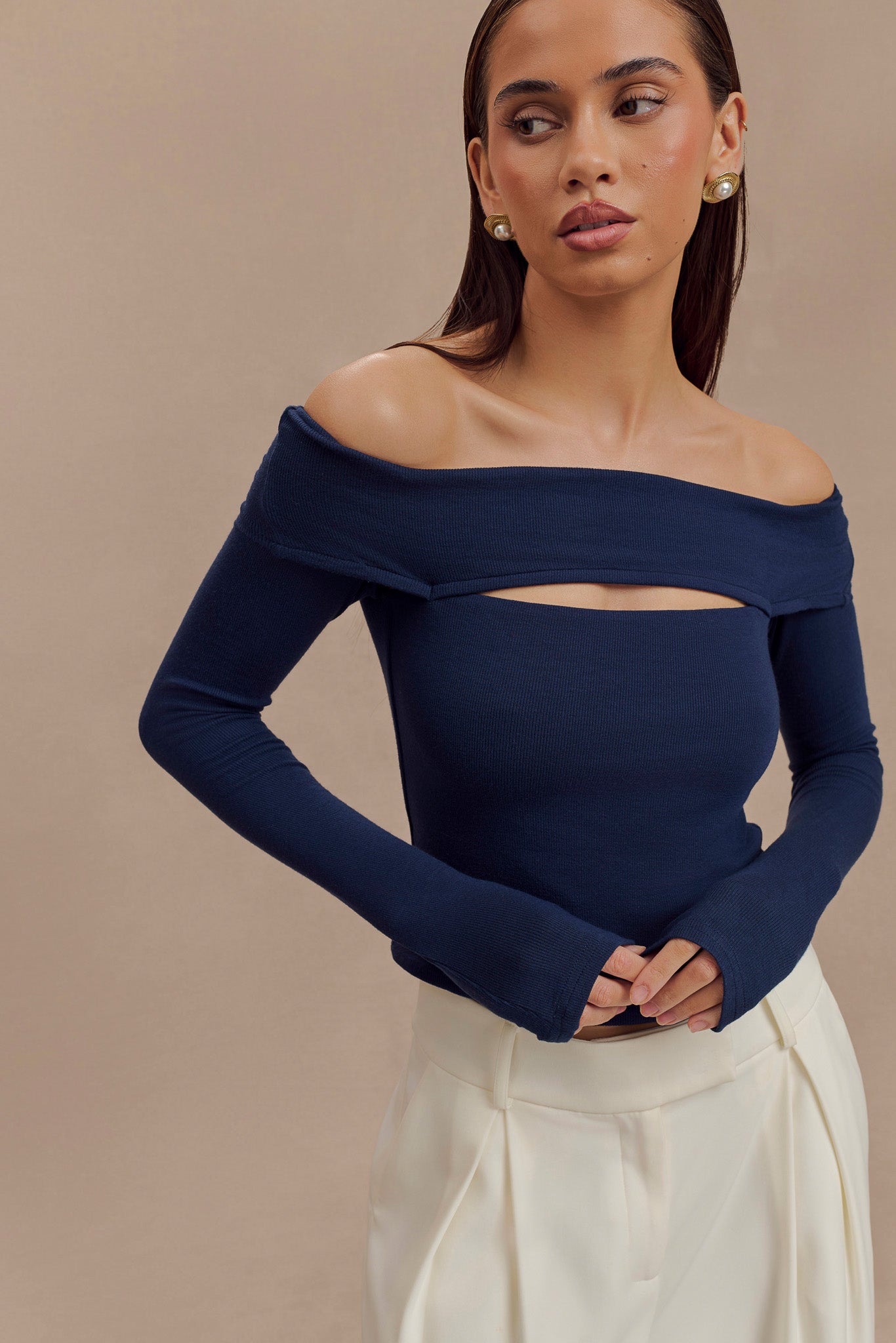 Cut Out Modal Long Sleeve Top with Bardot Neckline | Briah