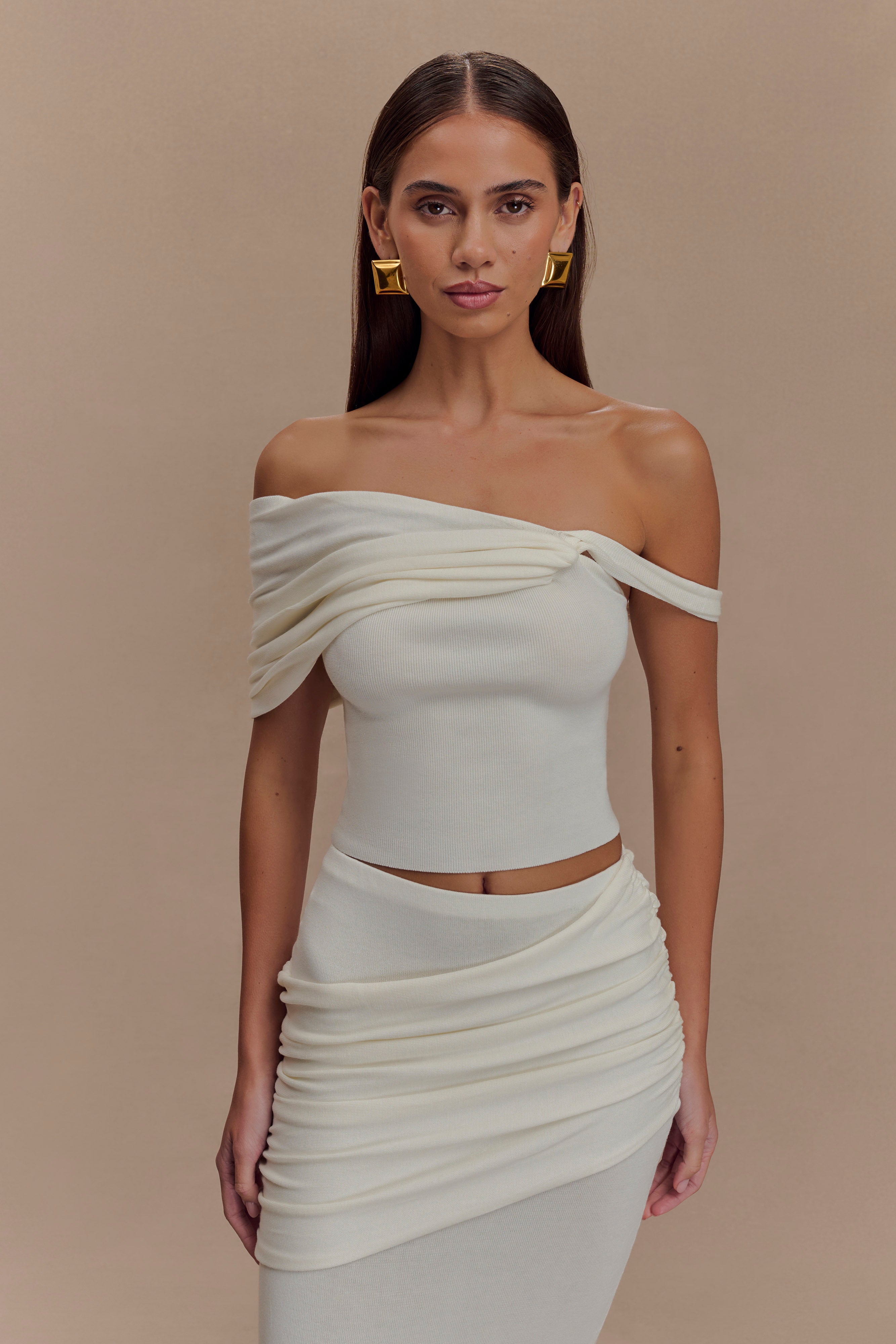Off-the-Shoulder Knit Top with Gathered Detail | Irene Ivory