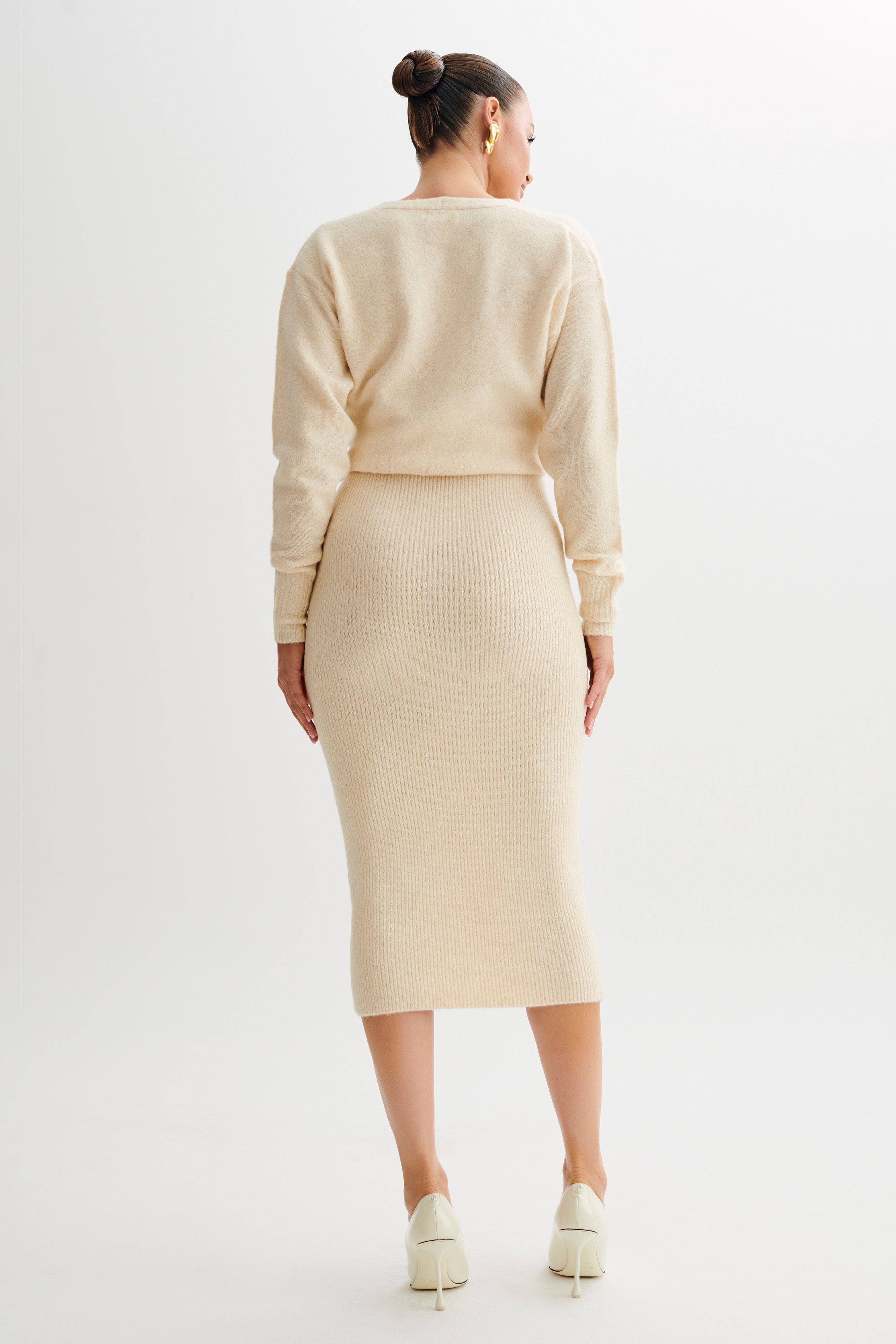 Knit Maxi Dress with V Neckline & Long Sleeves | Shannon Cream Marle