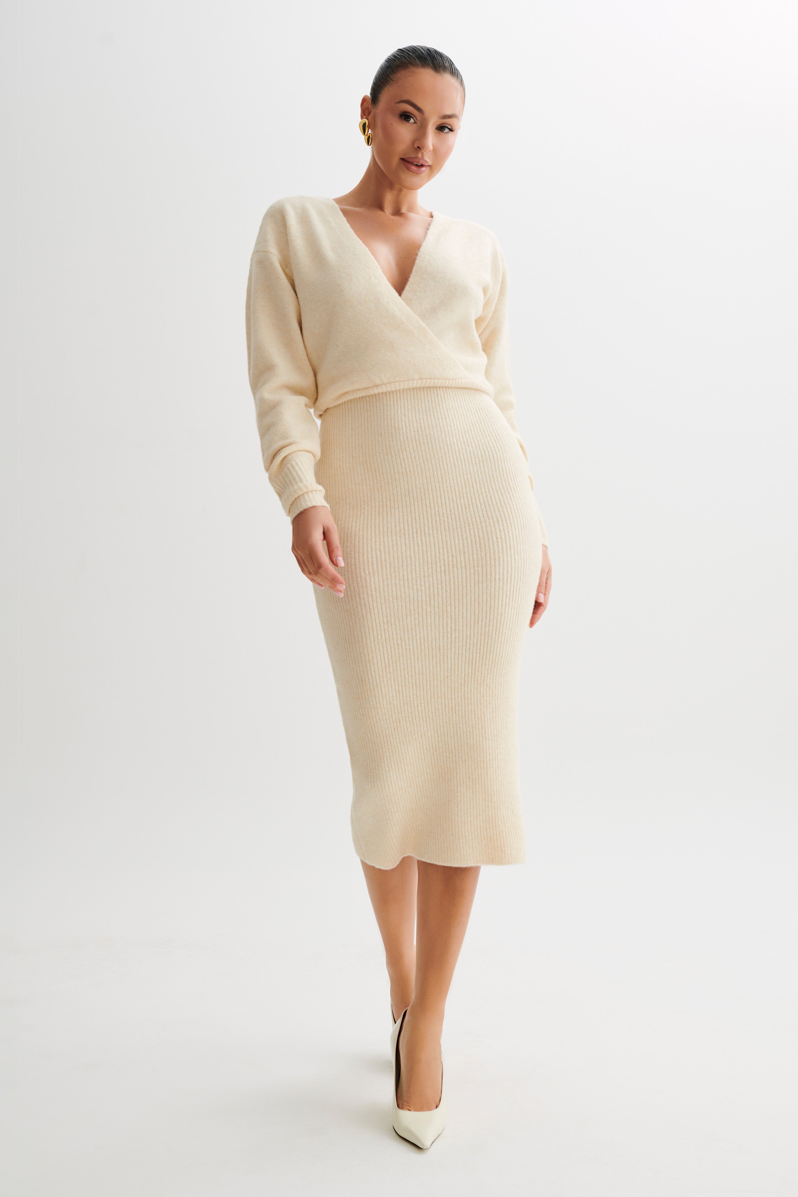 Knit Maxi Dress with V Neckline & Long Sleeves | Shannon Cream Marle