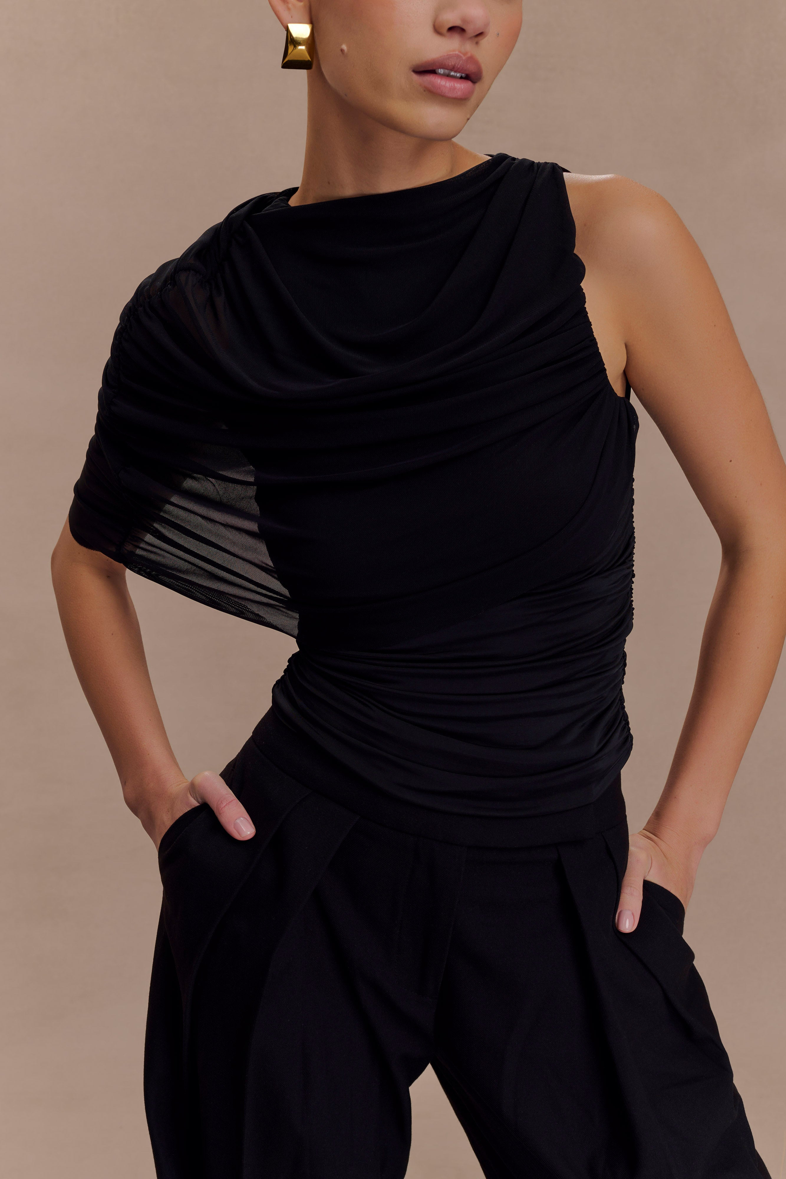Slinky Draped Top with Mesh Overlay for Evening Wear | Pruedance