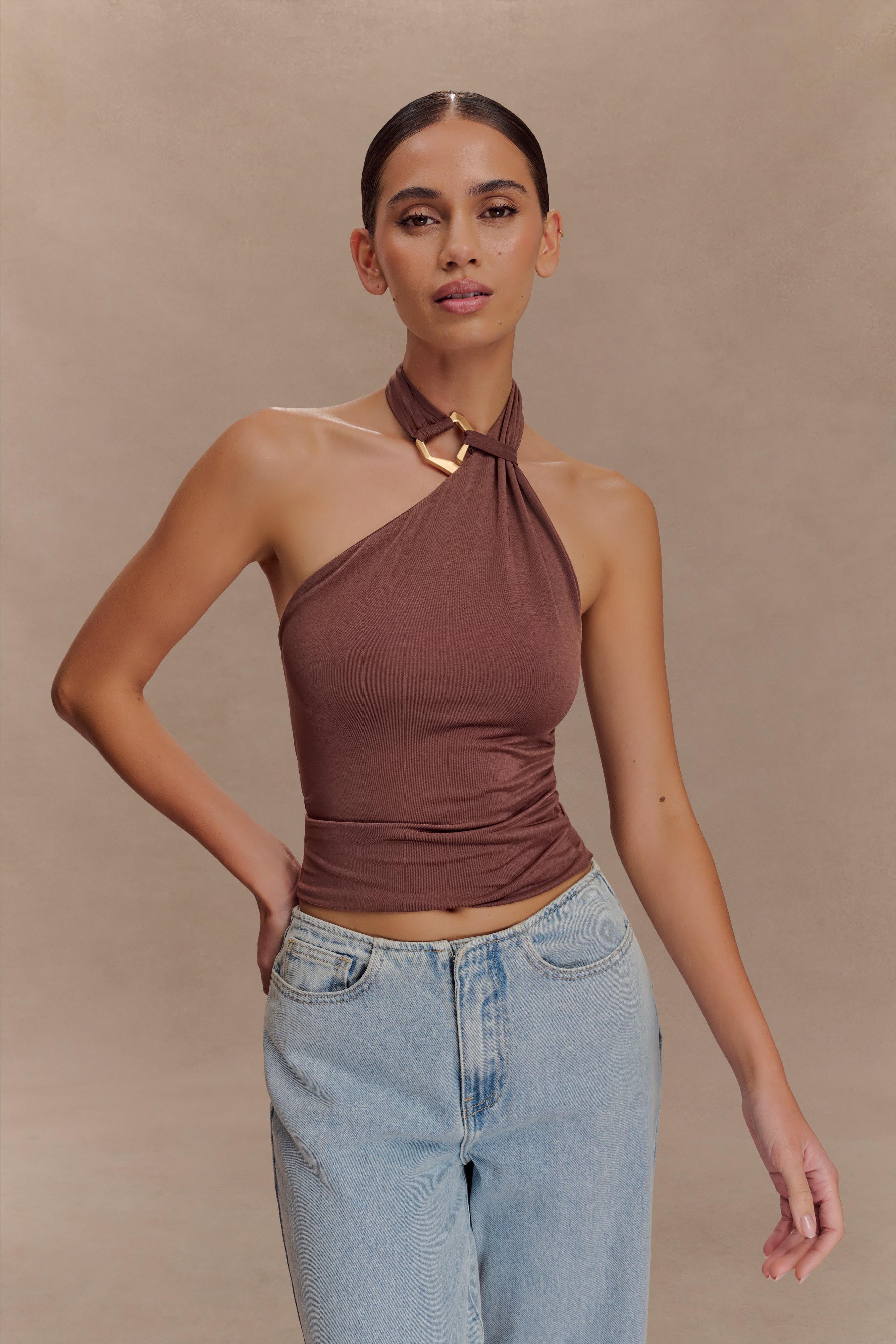 Ruching Halter Top with Open Back | Mariposa Slinky - Chocolate