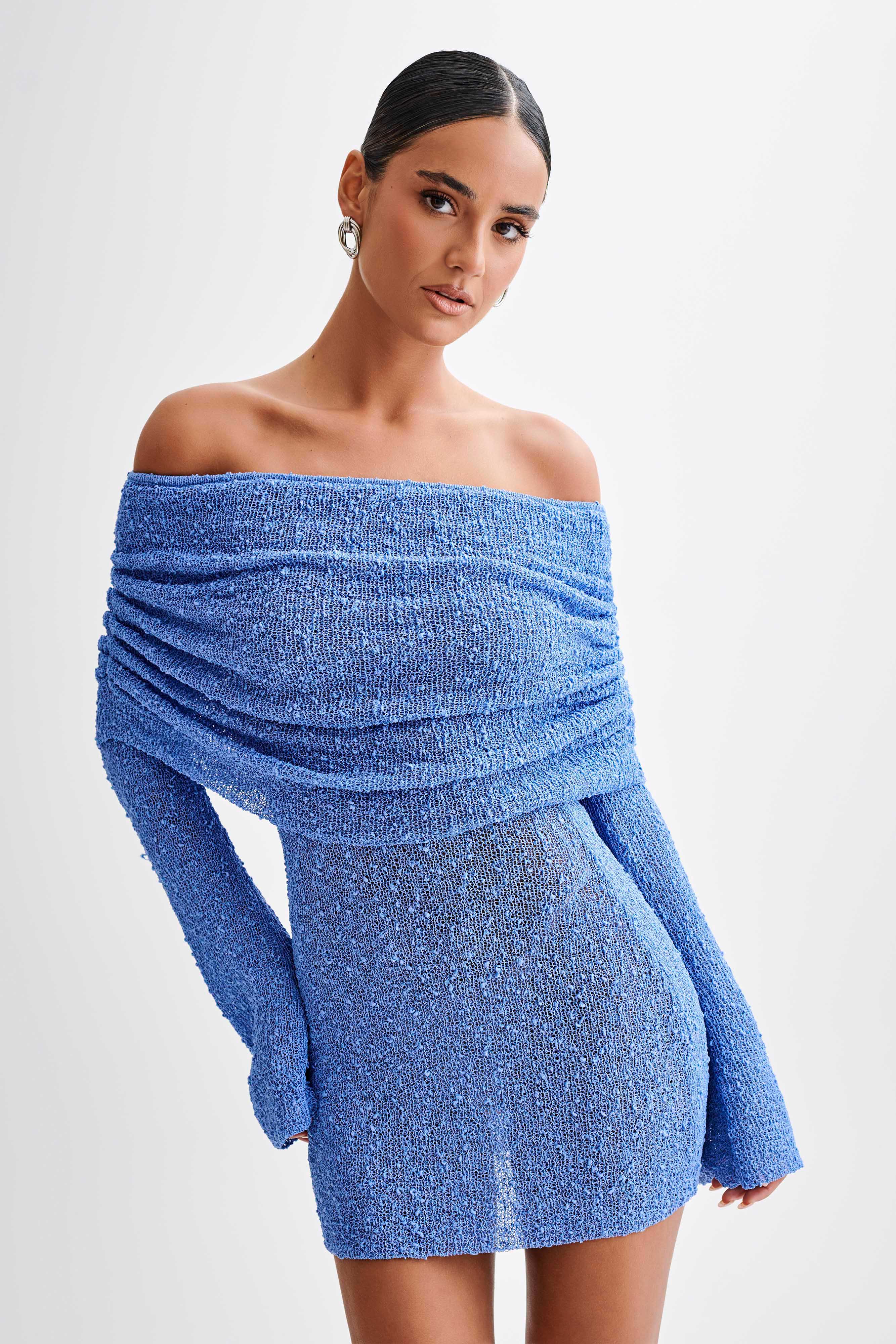 Off Shoulder Boucle Mini Dress with Long Sleeves | Marisol
