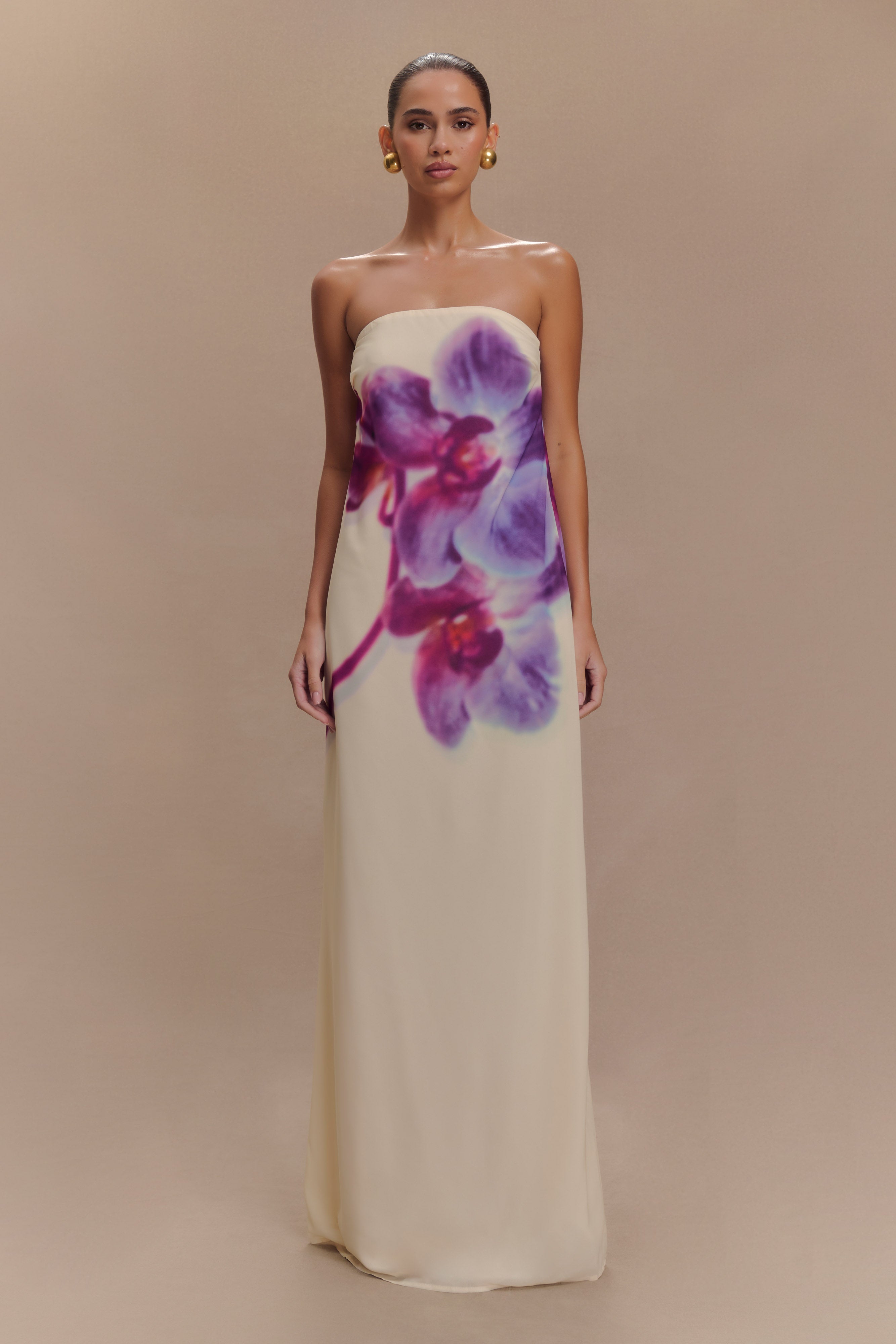 Strapless Chiffon Maxi Dress with Floral Print | Amaya