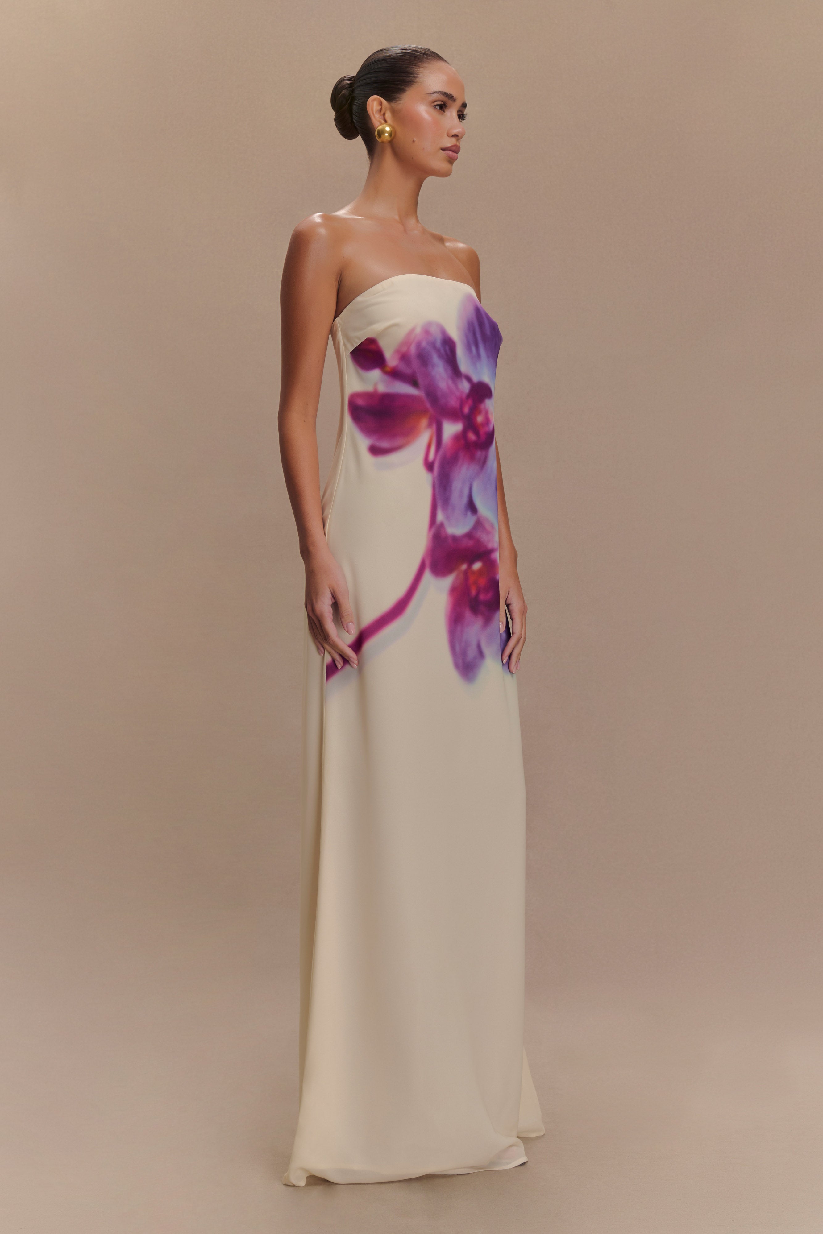 Strapless Chiffon Maxi Dress with Floral Print | Amaya
