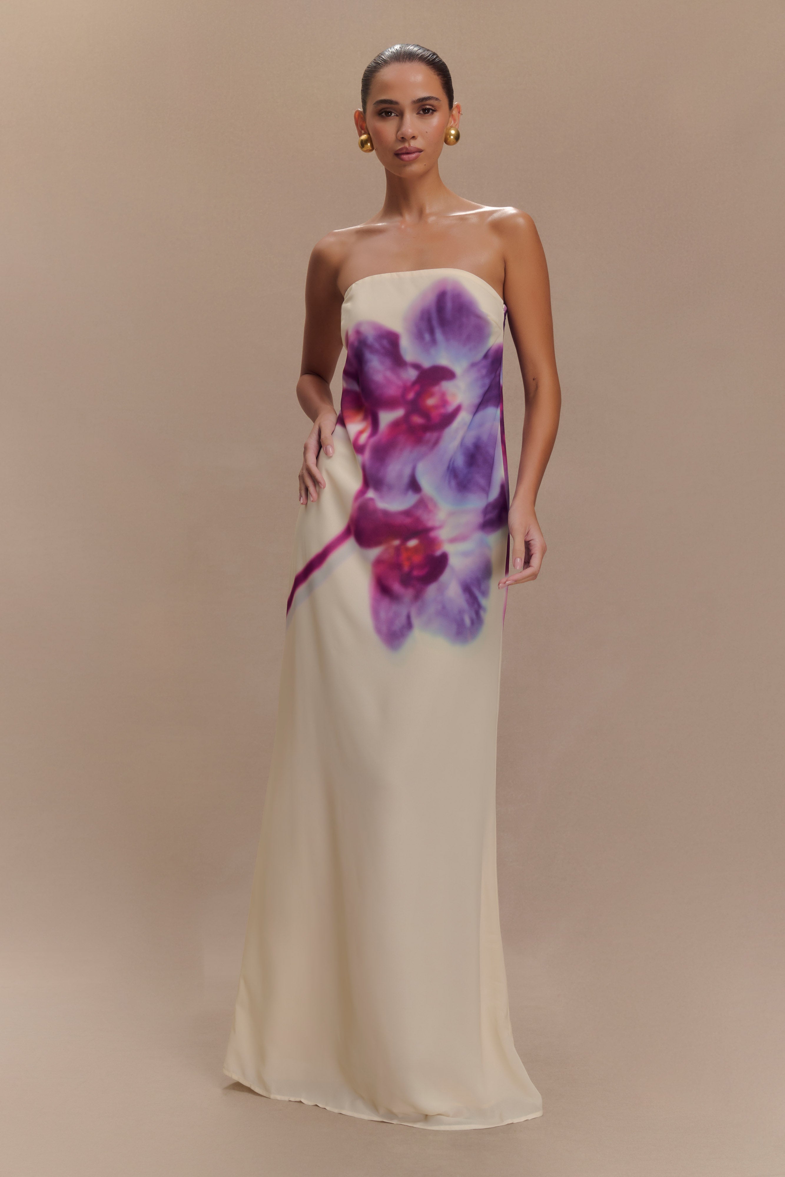 Strapless Chiffon Maxi Dress with Floral Print | Amaya
