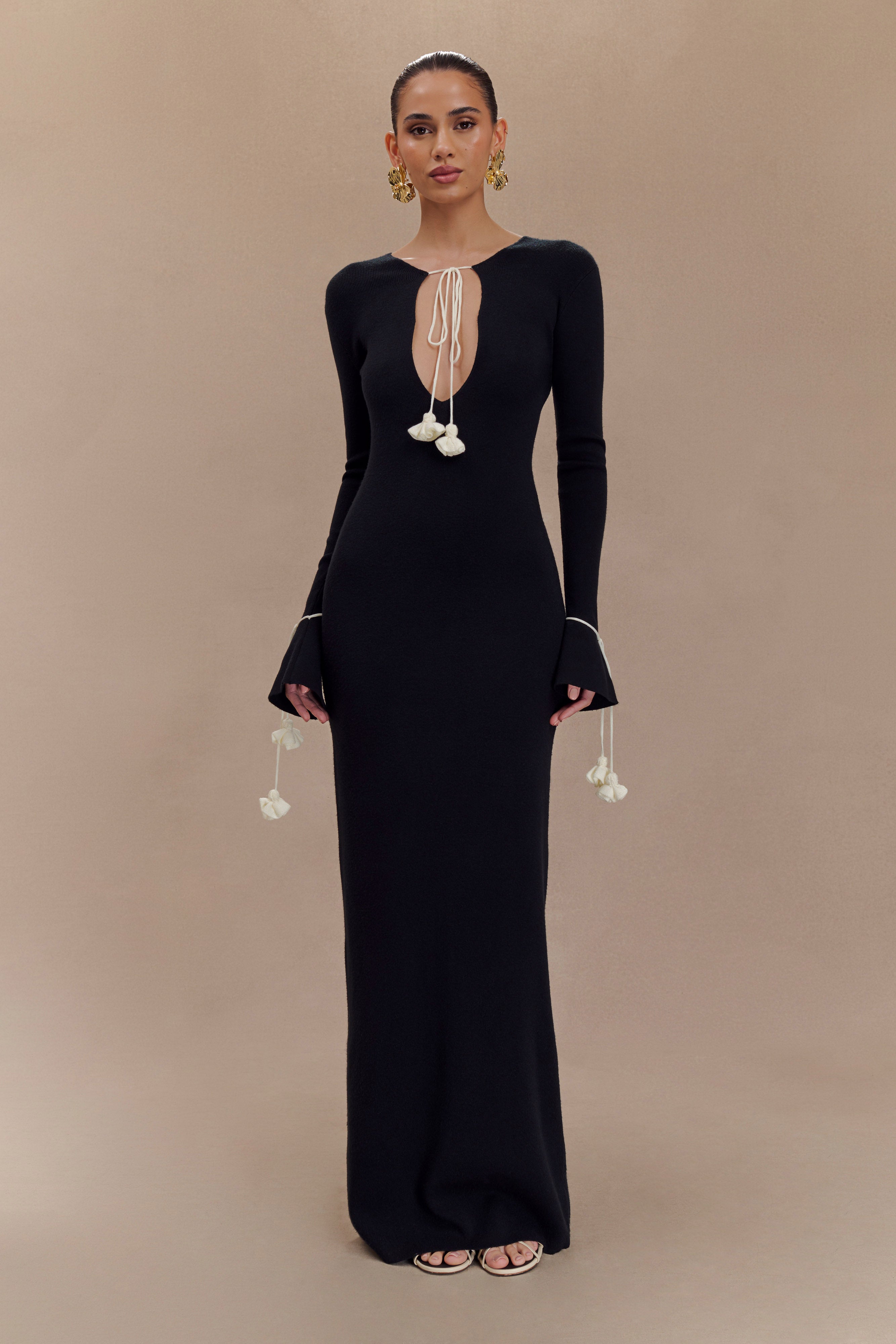Knit Maxi Dress with Floral Ties & V Neckline | Erica Black & White
