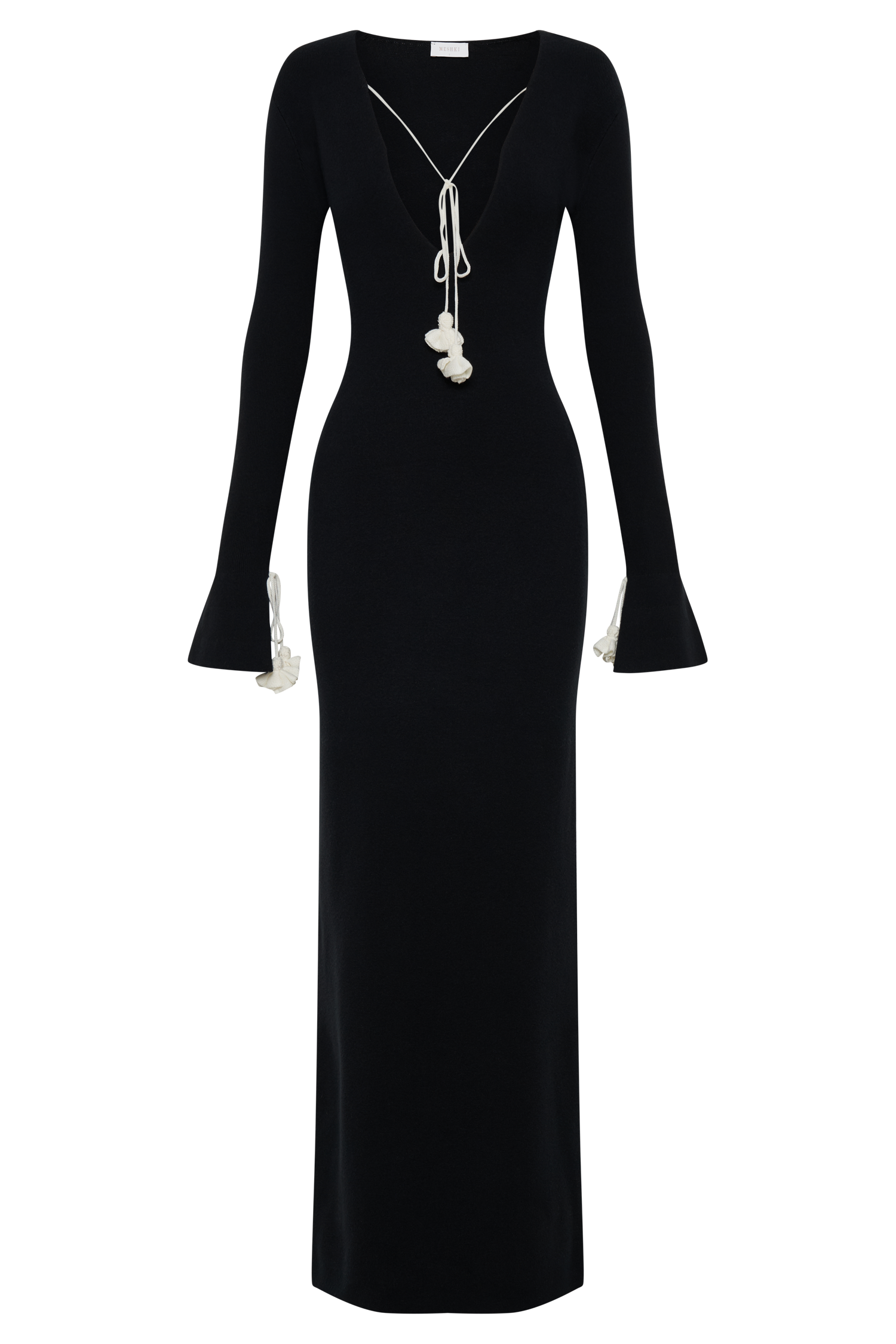 Knit Maxi Dress with Floral Ties & V Neckline | Erica Black & White