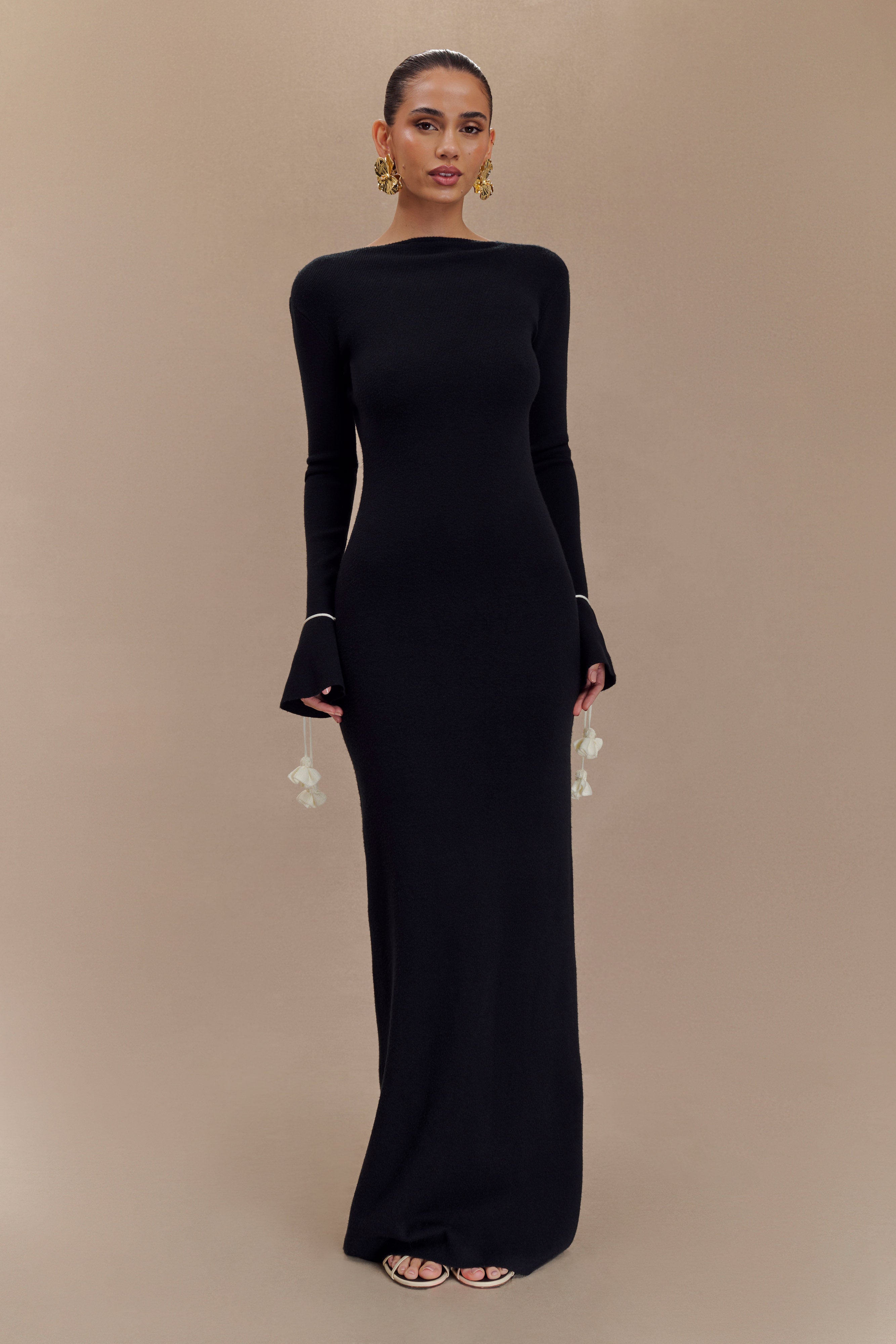 Knit Maxi Dress with Floral Ties & V Neckline | Erica Black & White