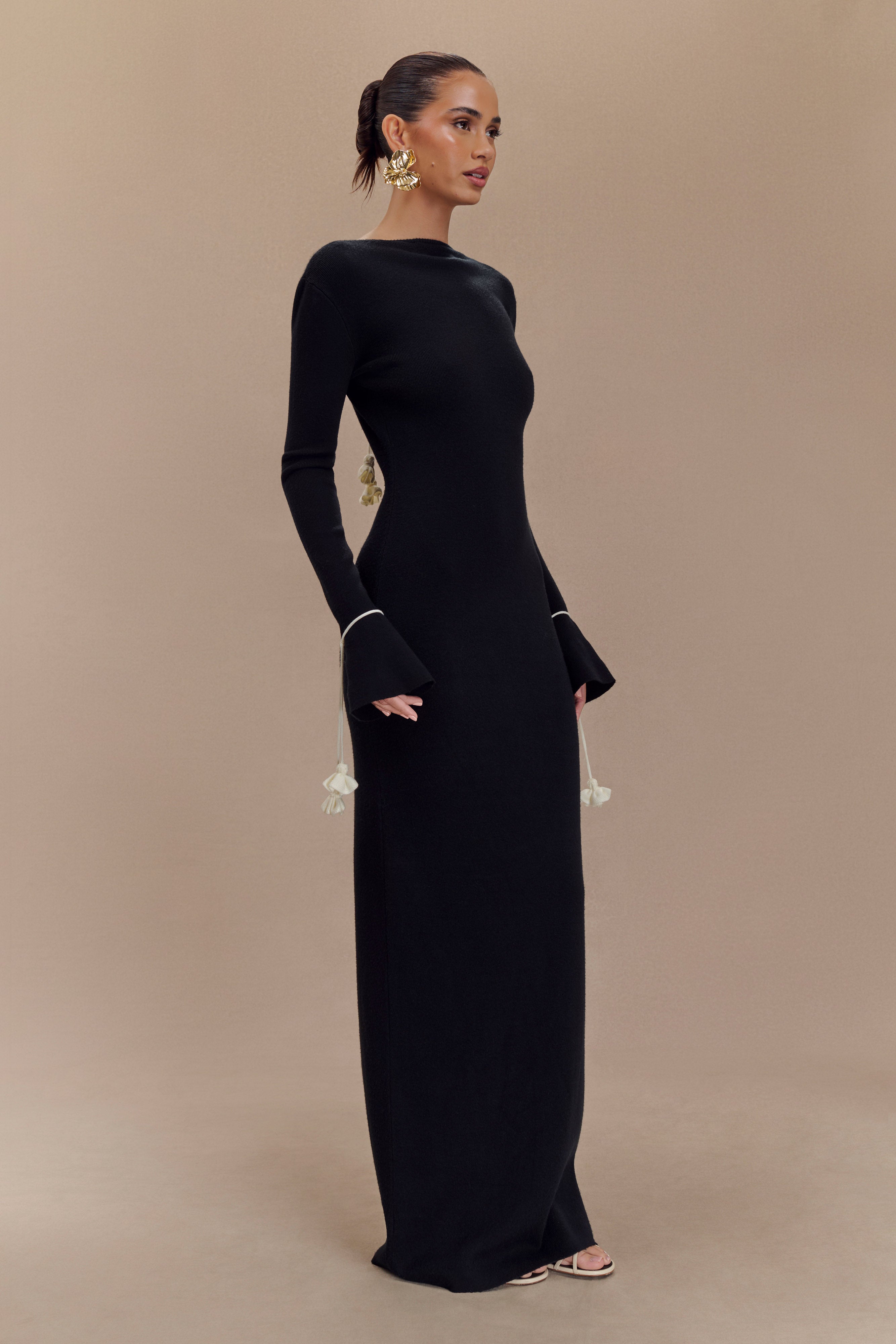 Knit Maxi Dress with Floral Ties & V Neckline | Erica Black & White