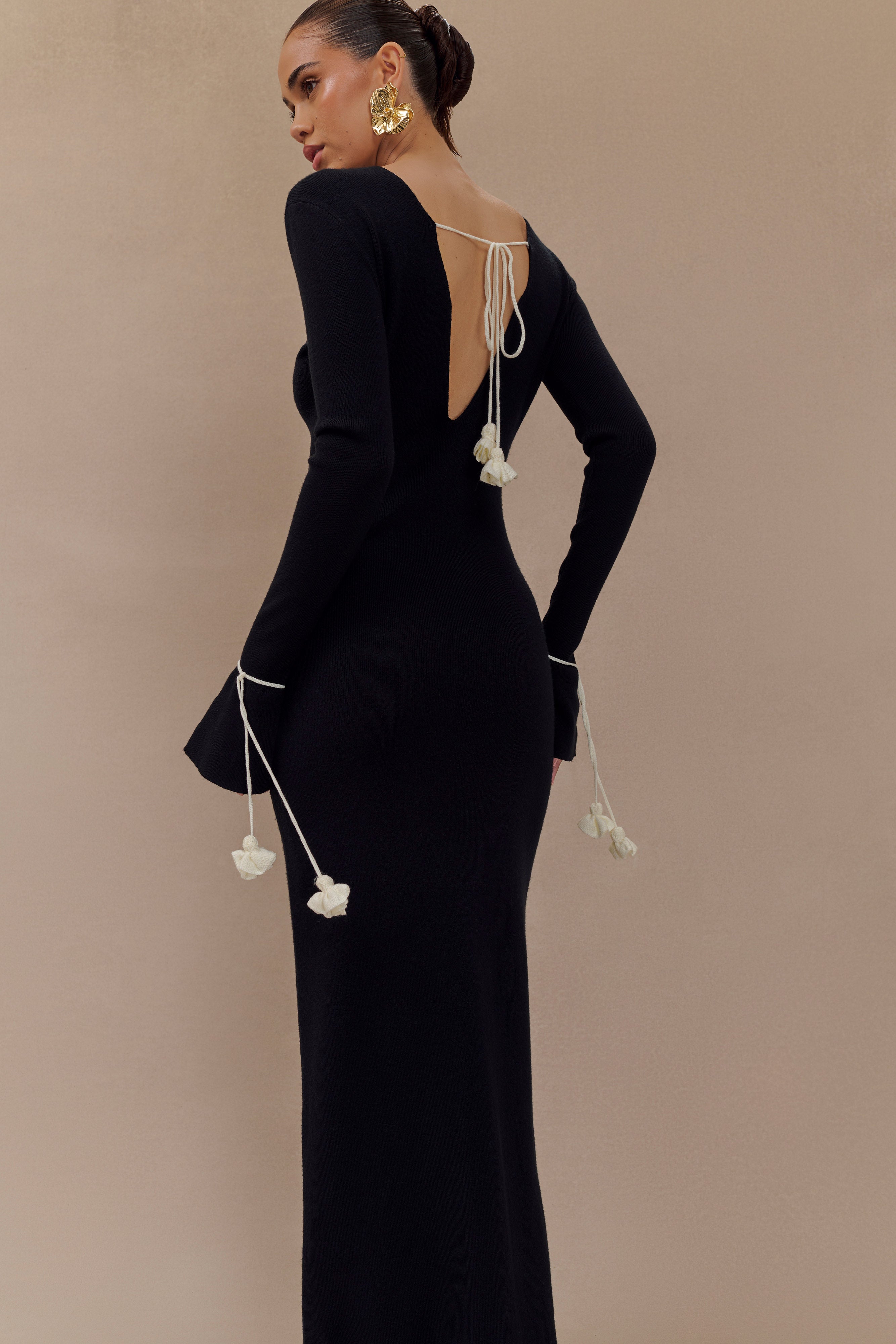 Knit Maxi Dress with Floral Ties & V Neckline | Erica Black & White