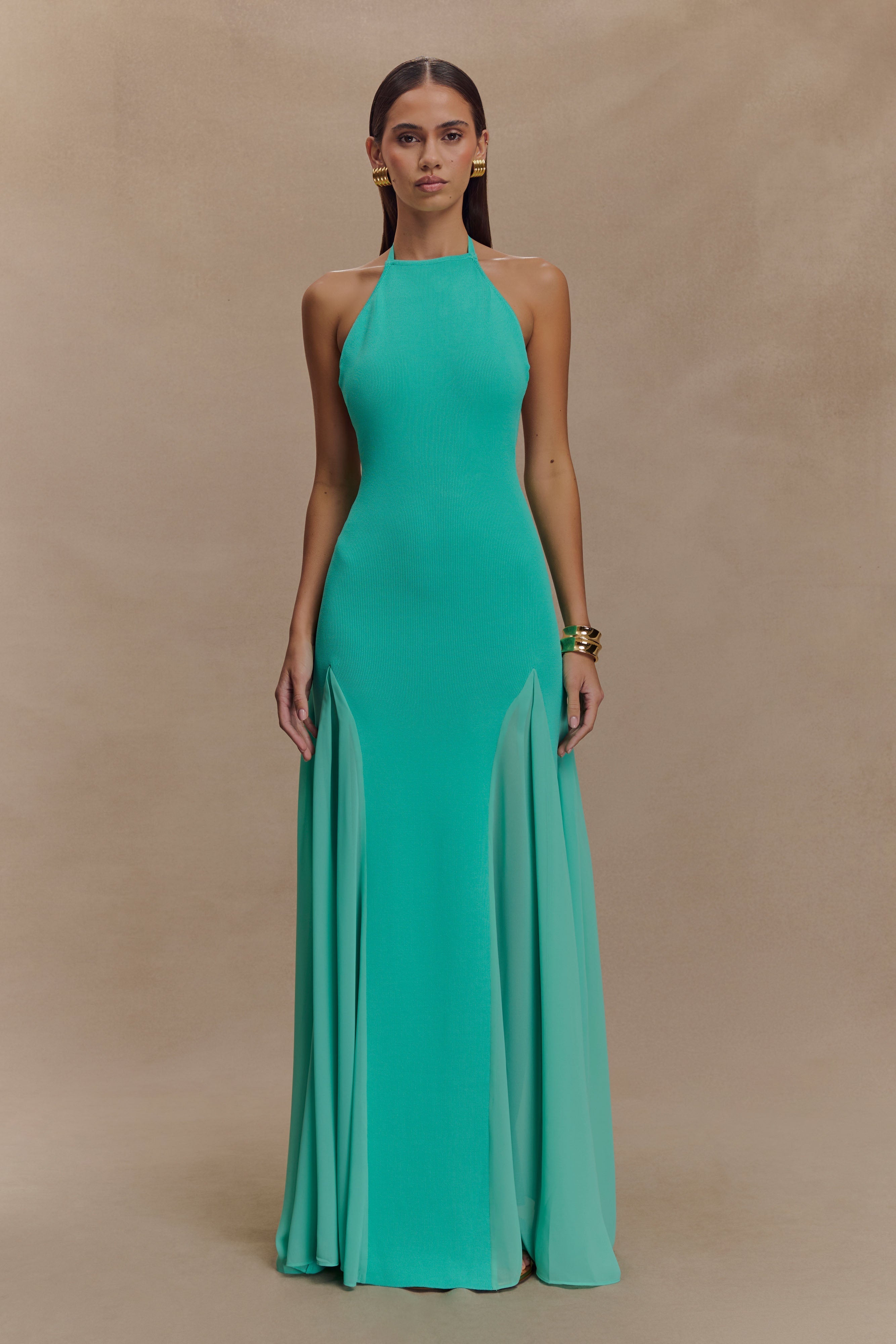 Knit & Mesh Halter Maxi Dress with Chiffon Skirt | Soleil