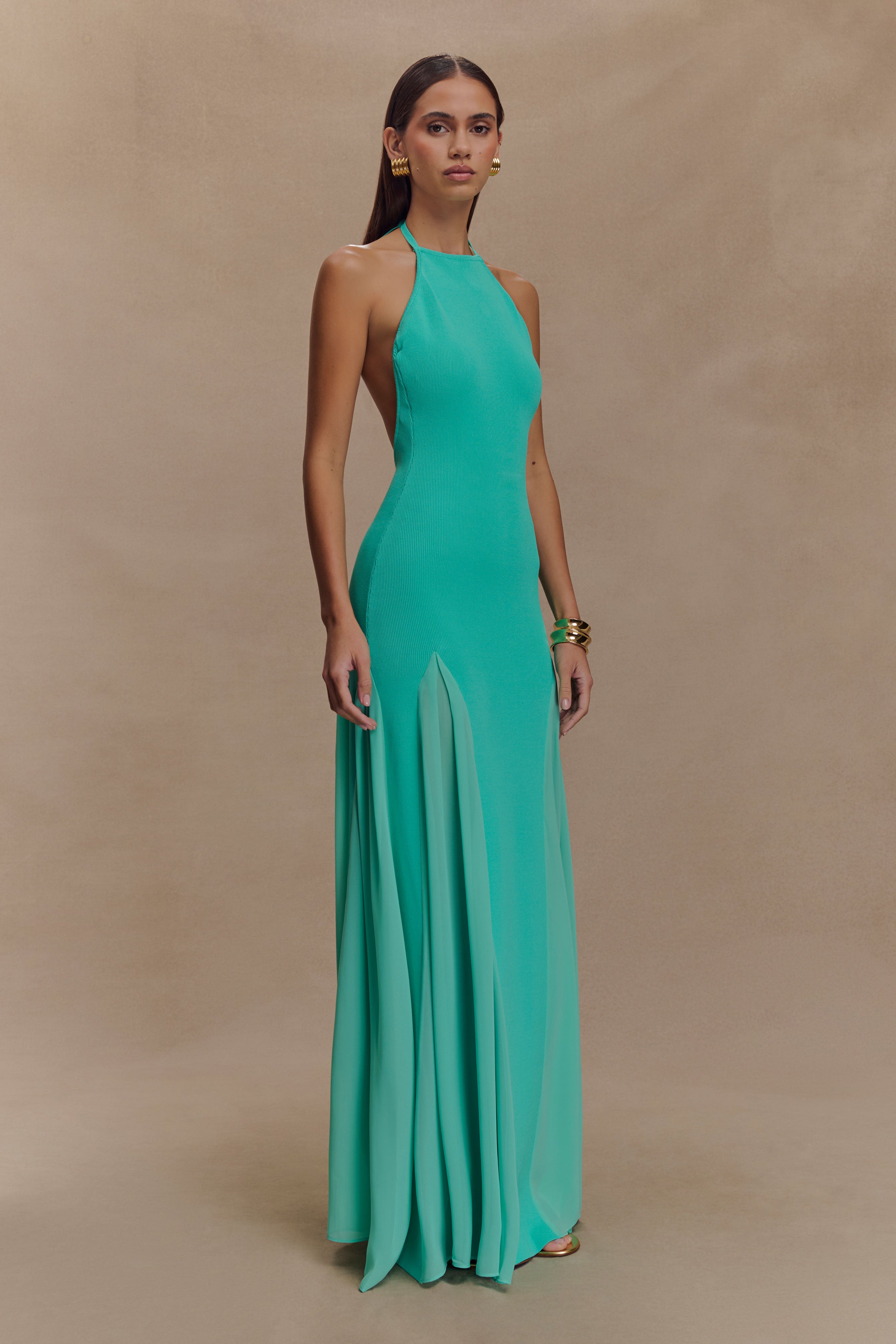 Knit & Mesh Halter Maxi Dress with Chiffon Skirt | Soleil