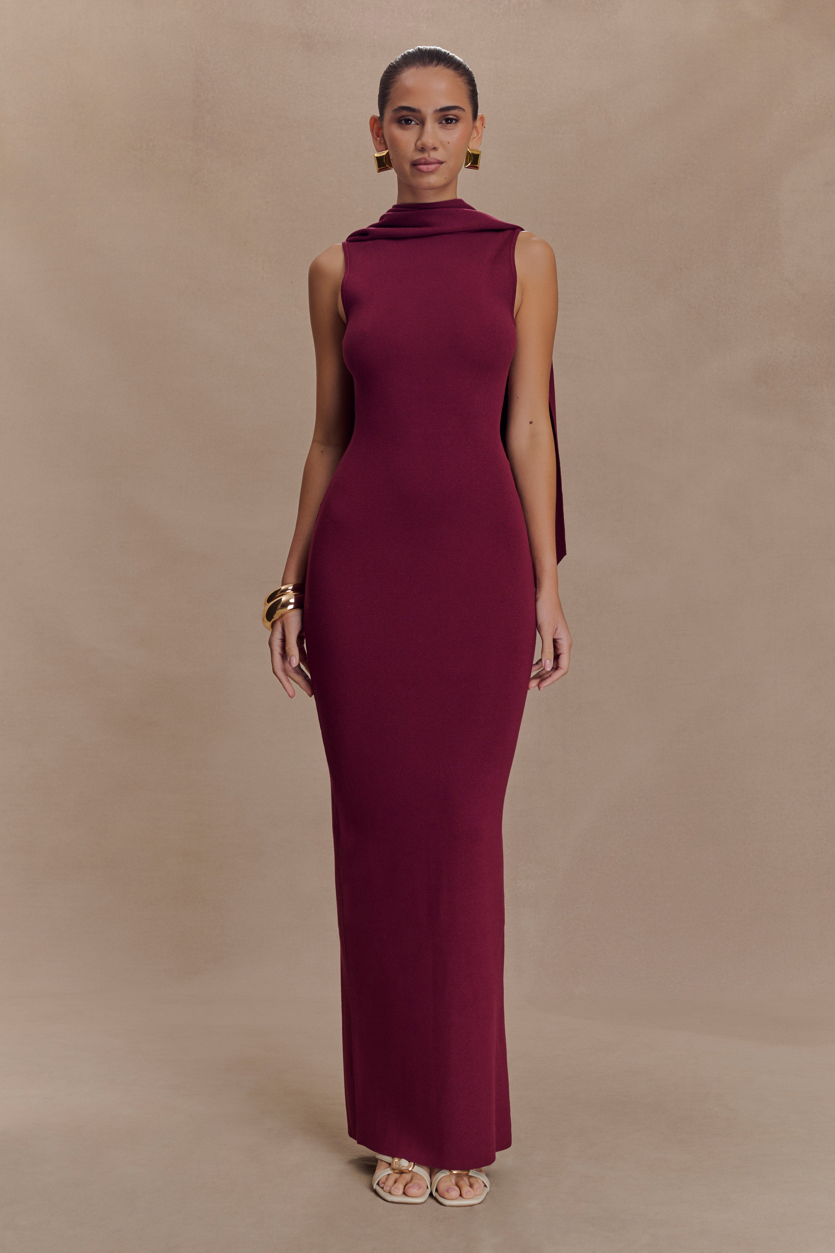 Sleeveless Knit Maxi Dress with Scarf Neckline & Back Vent | Darby Merlot