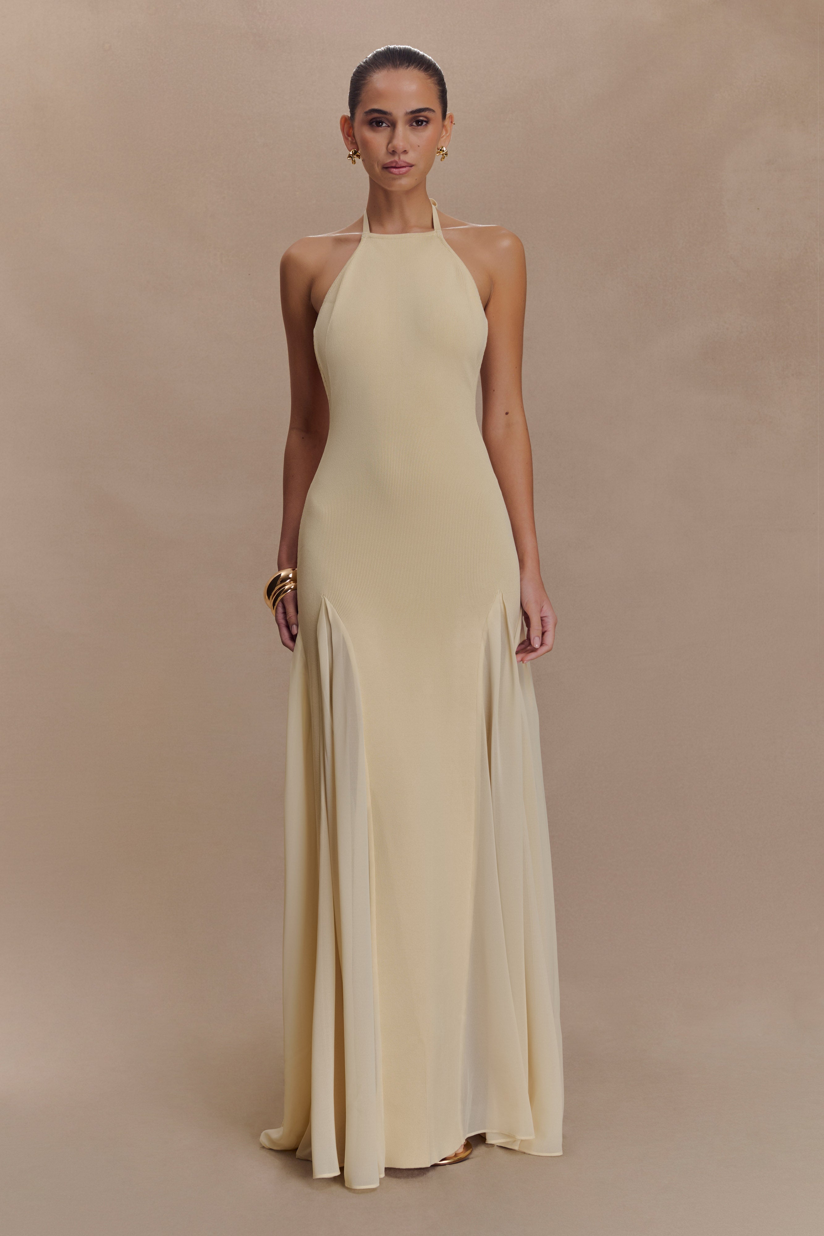 Knit & Mesh Halter Maxi Dress with Chiffon Skirt | Soleil Cream
