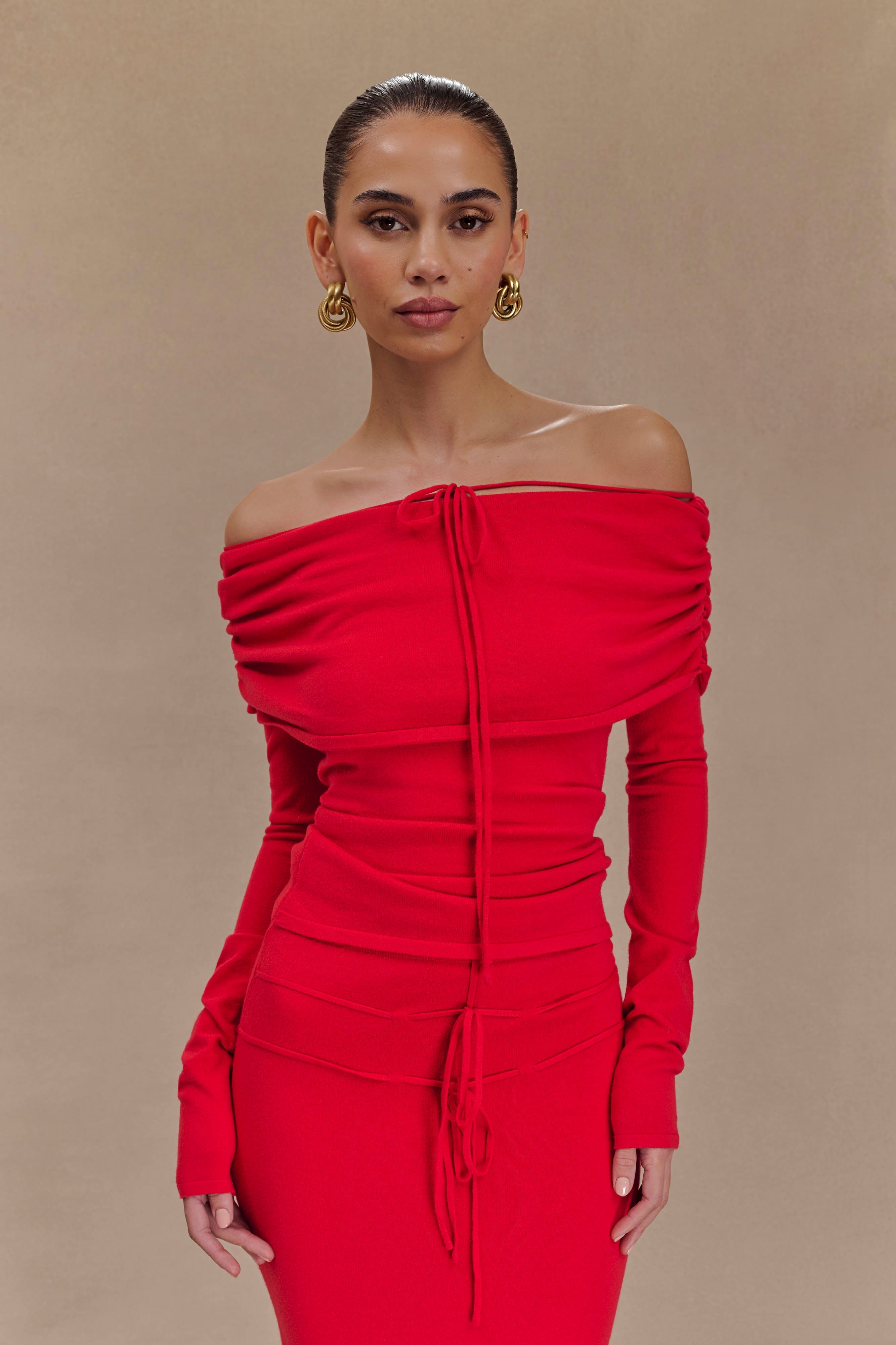 Off Shoulder Knit Top with Long Sleeves & Front Tie | Polly Red