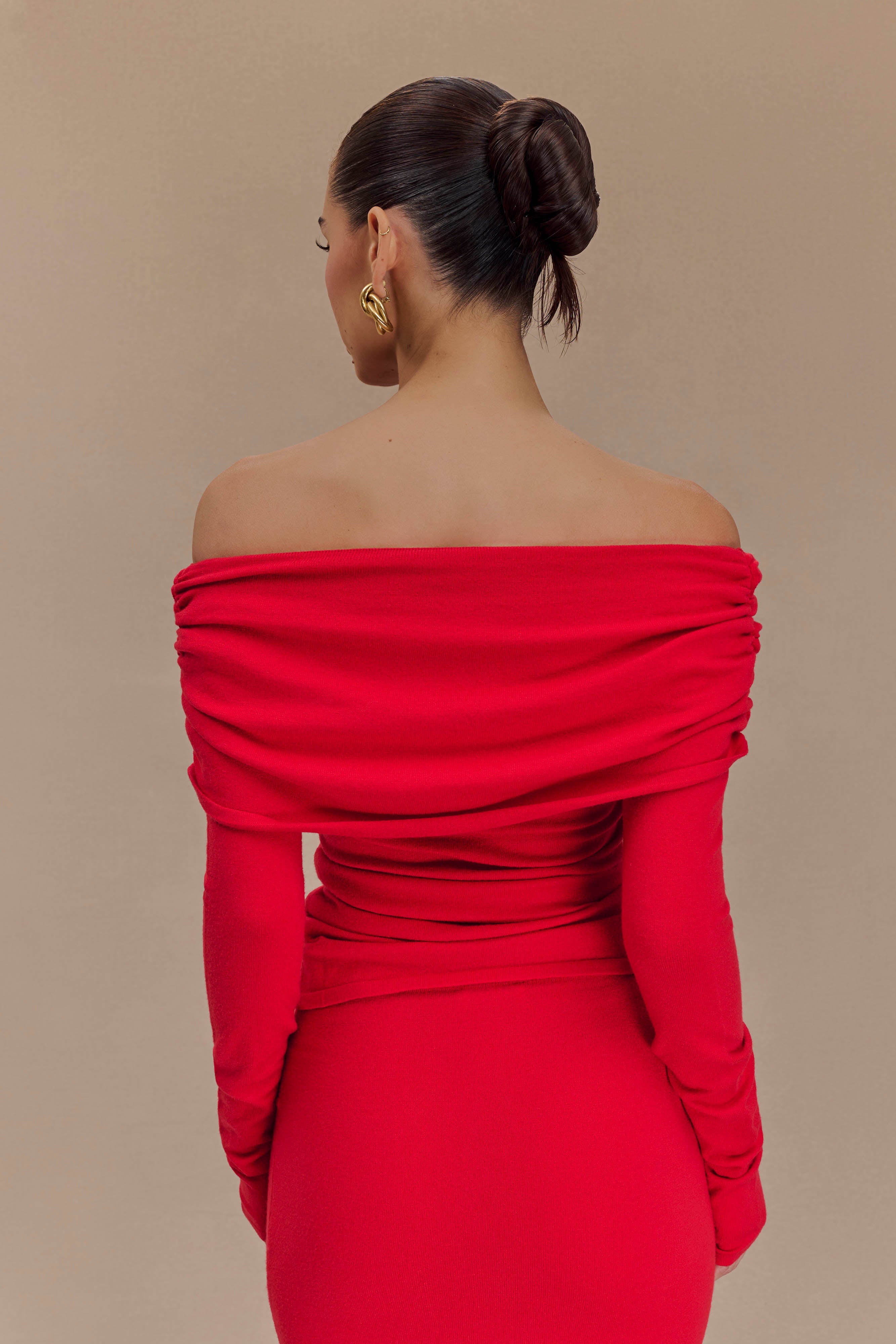 Off Shoulder Knit Top with Long Sleeves & Front Tie | Polly Red