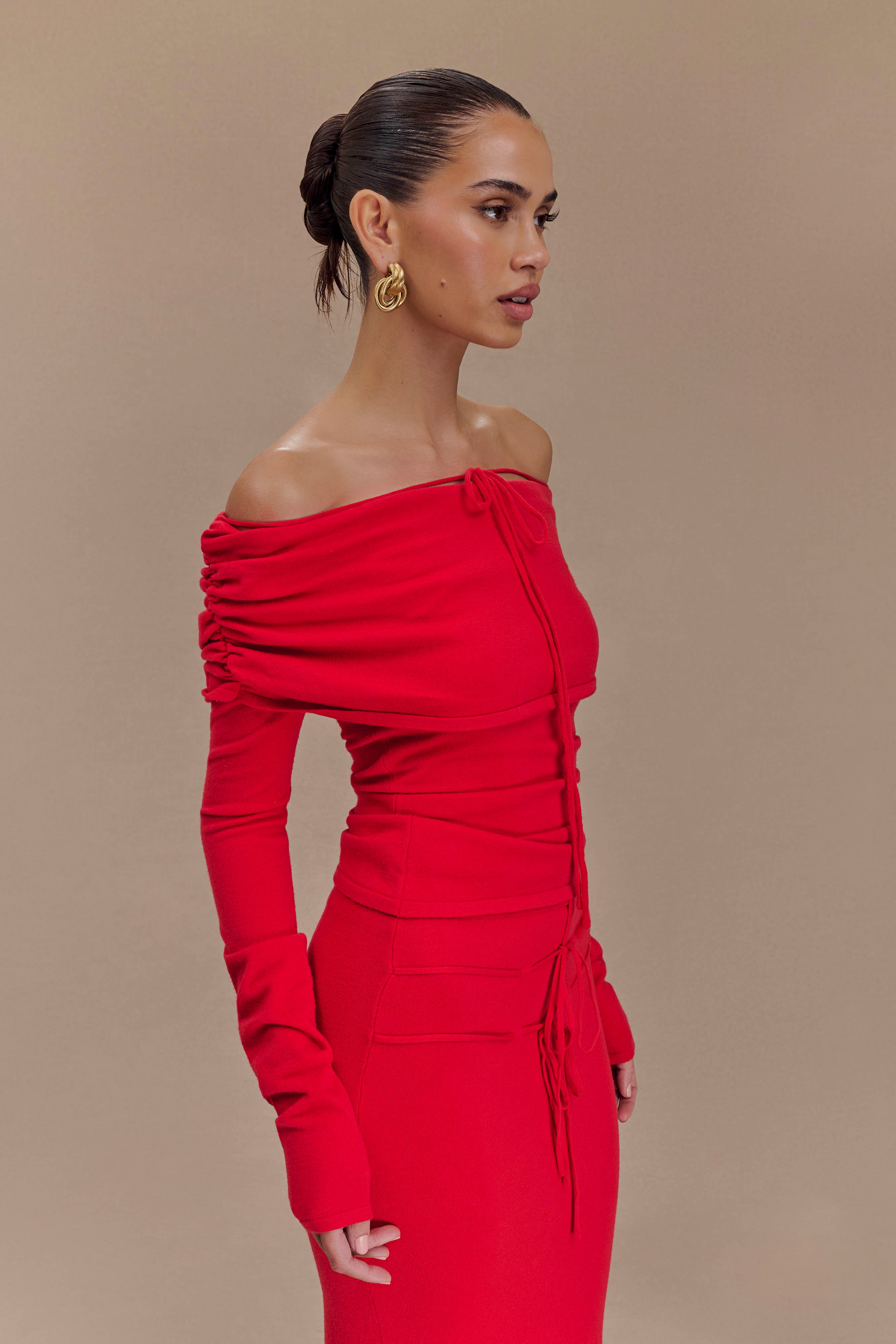 Off Shoulder Knit Top with Long Sleeves & Front Tie | Polly Red