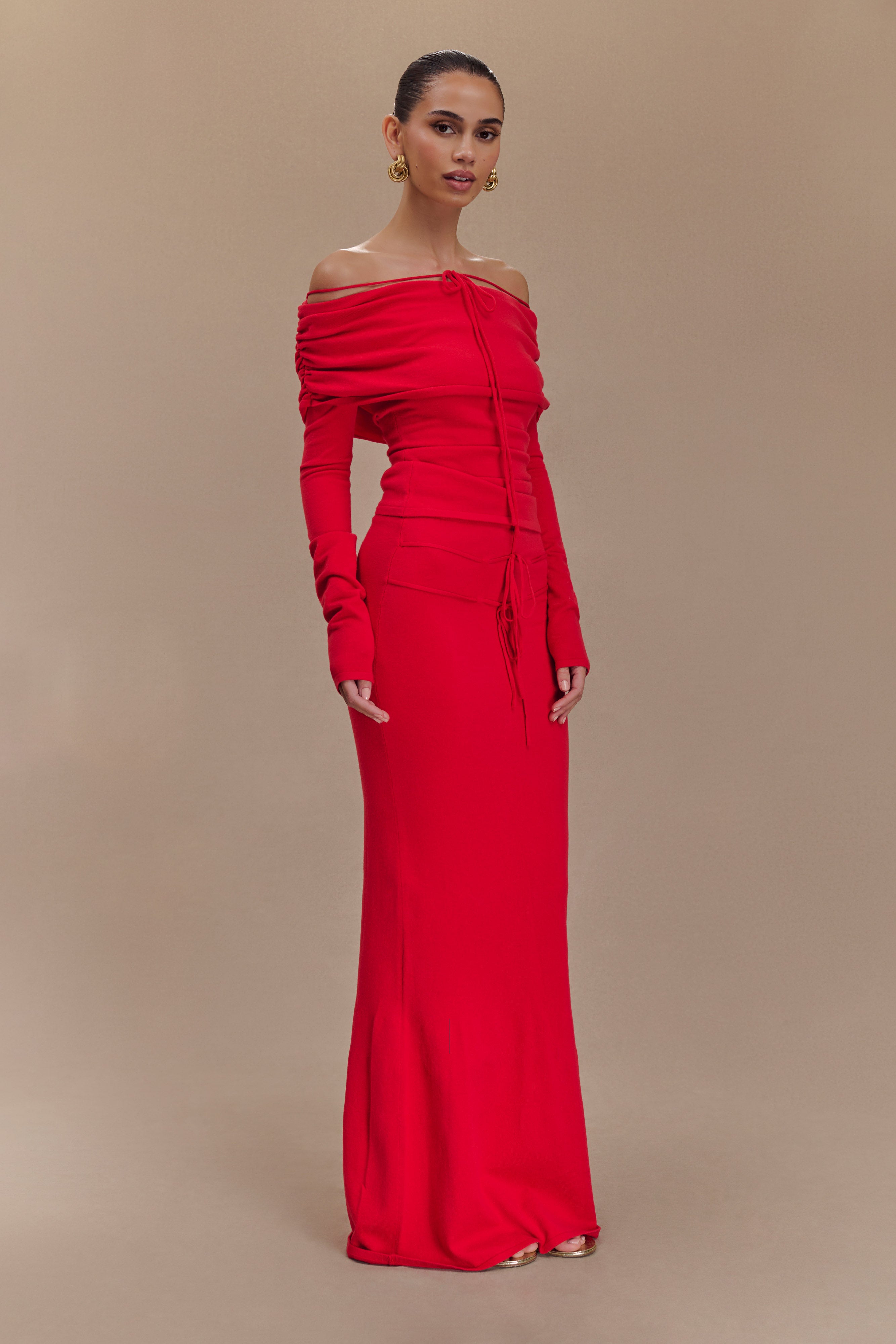Off Shoulder Knit Top with Long Sleeves & Front Tie | Polly Red