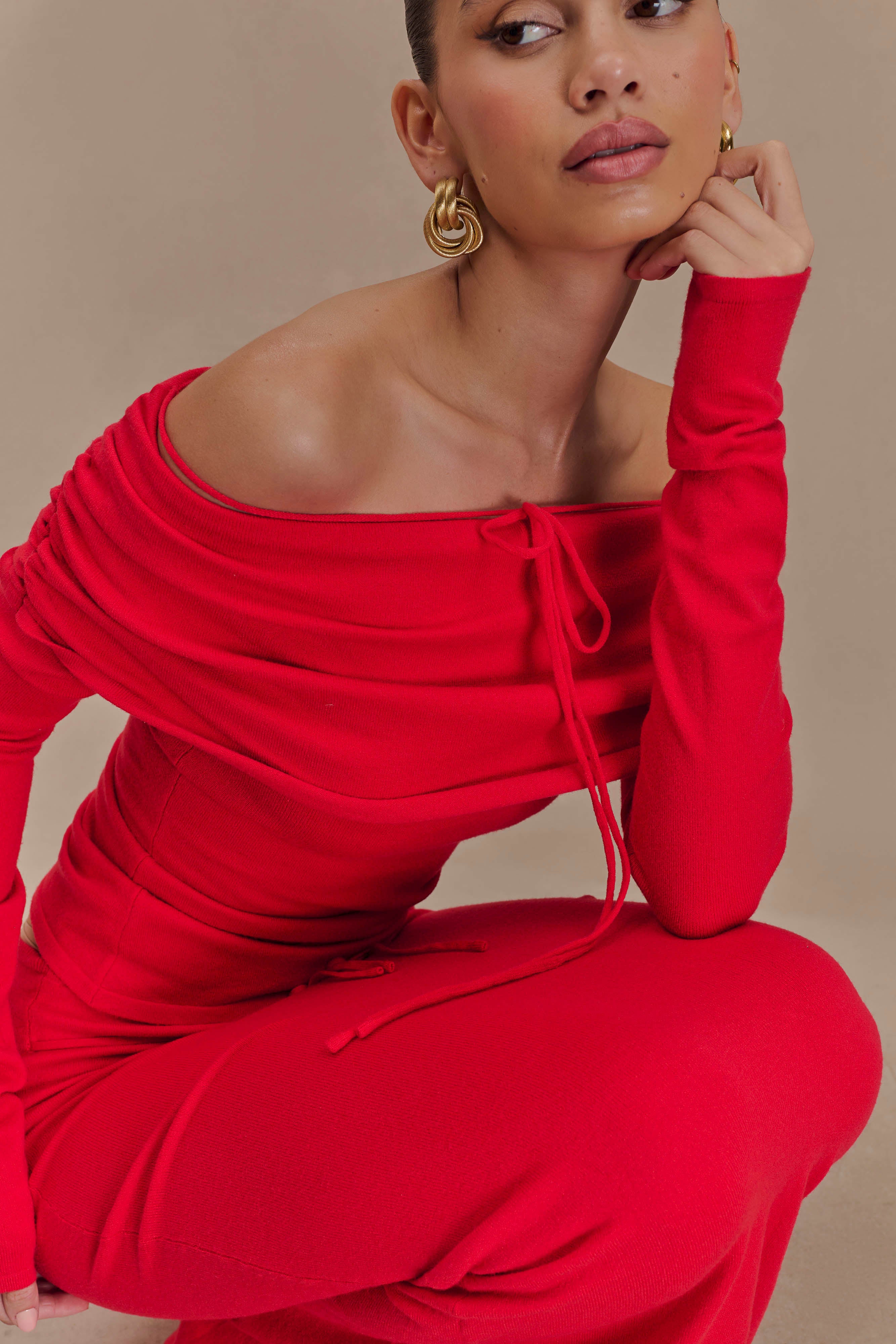 Off Shoulder Knit Top with Long Sleeves & Front Tie | Polly Red