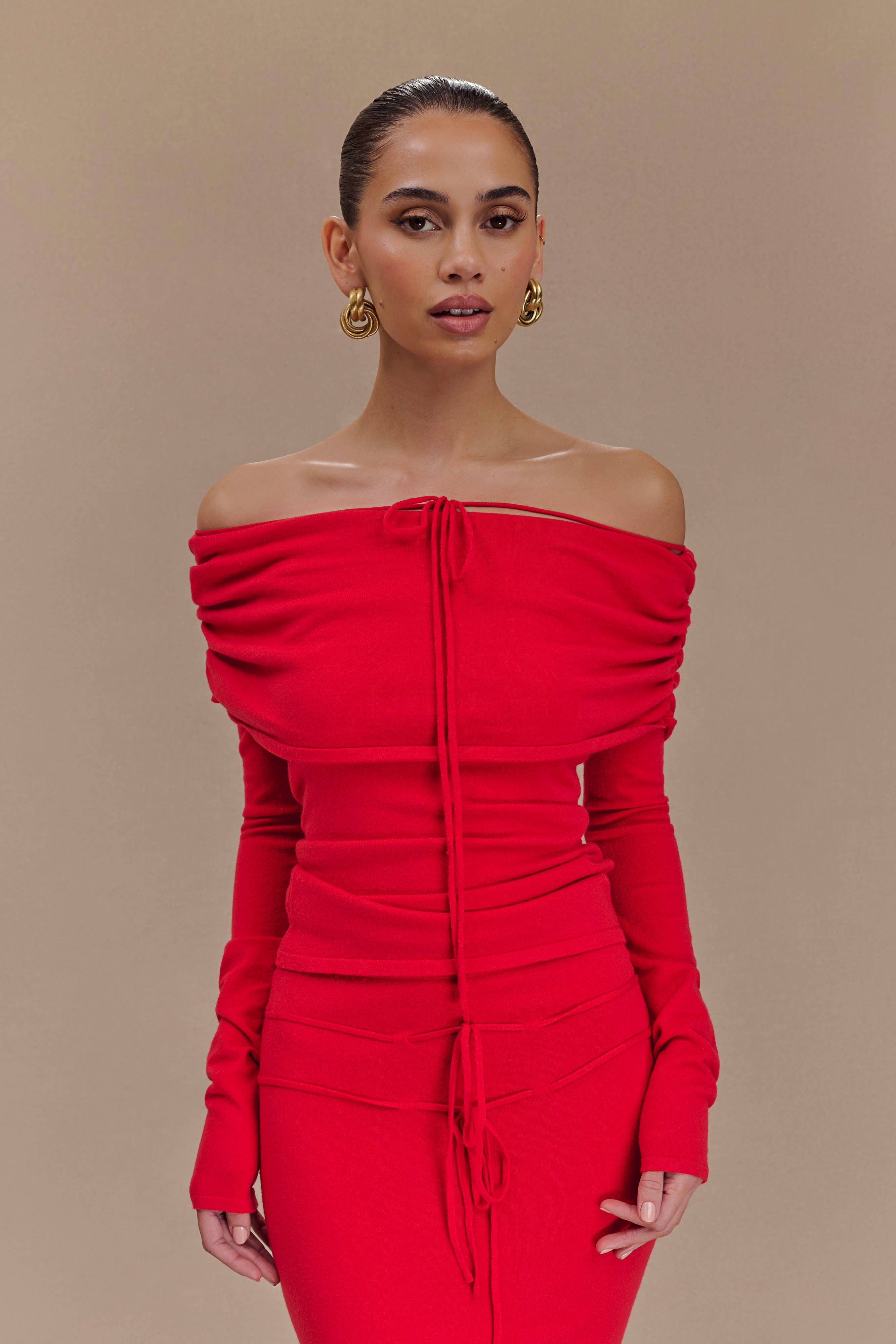 Off Shoulder Knit Top with Long Sleeves & Front Tie | Polly Red