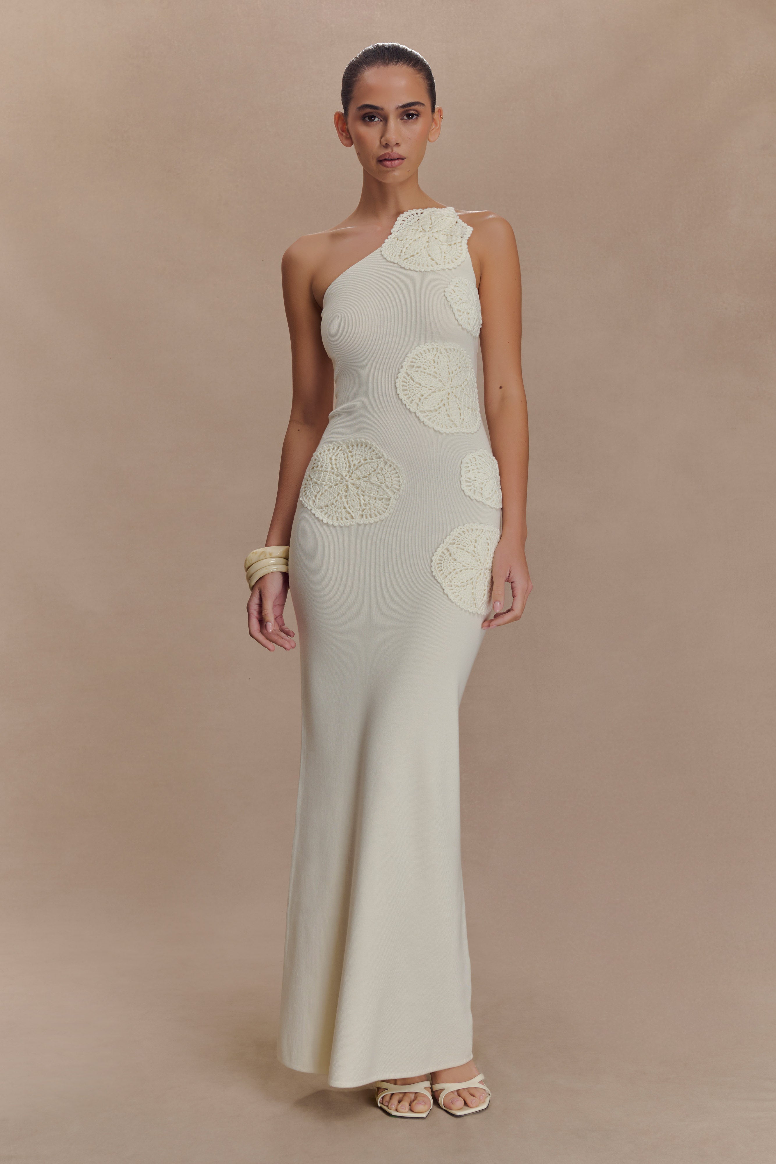 Crochet Knit Maxi Dress with One-Shoulder Design | Teneika Ivory