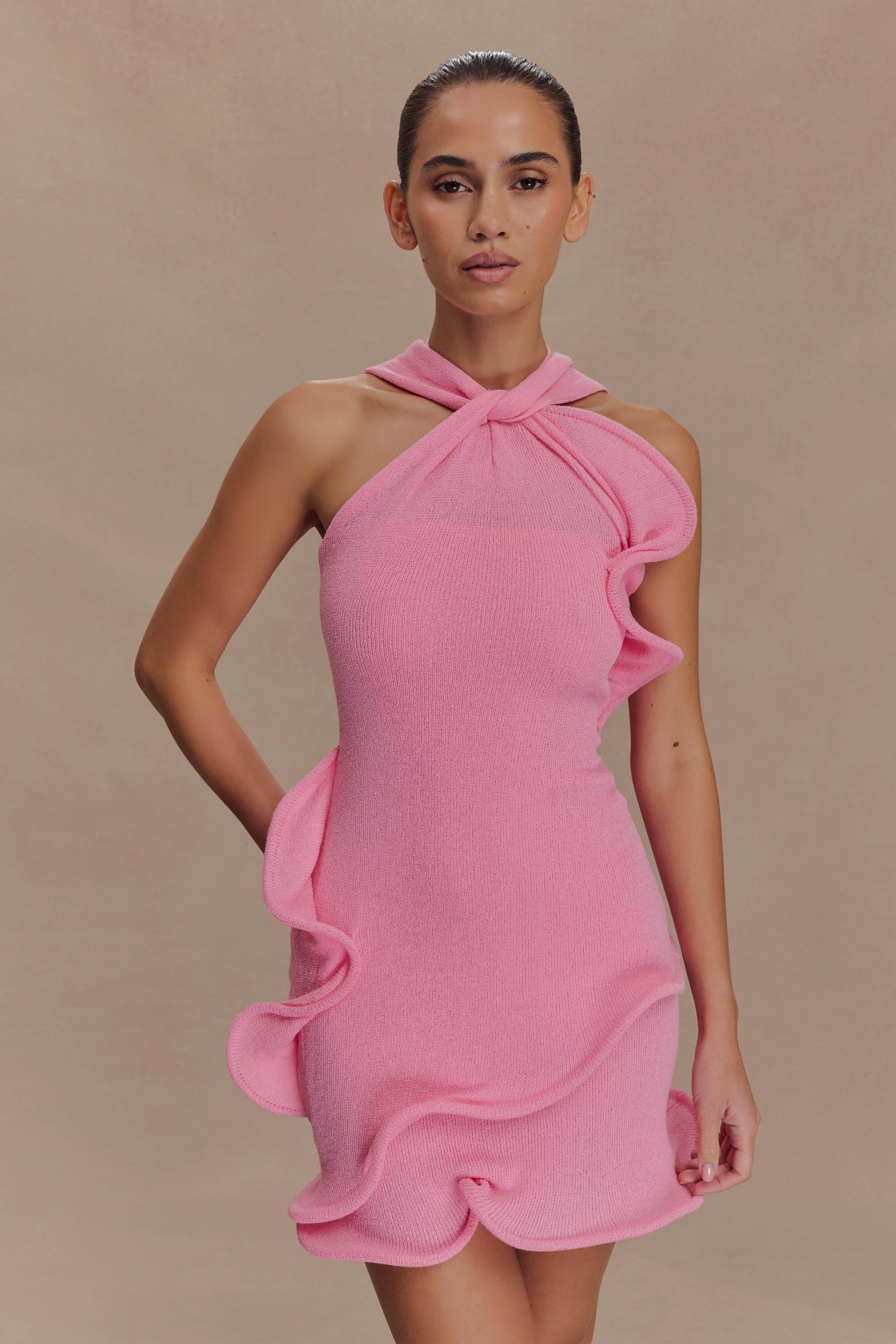Halter Neck Mini Dress with Scarf Detail & Fishtail Hem | Caprice