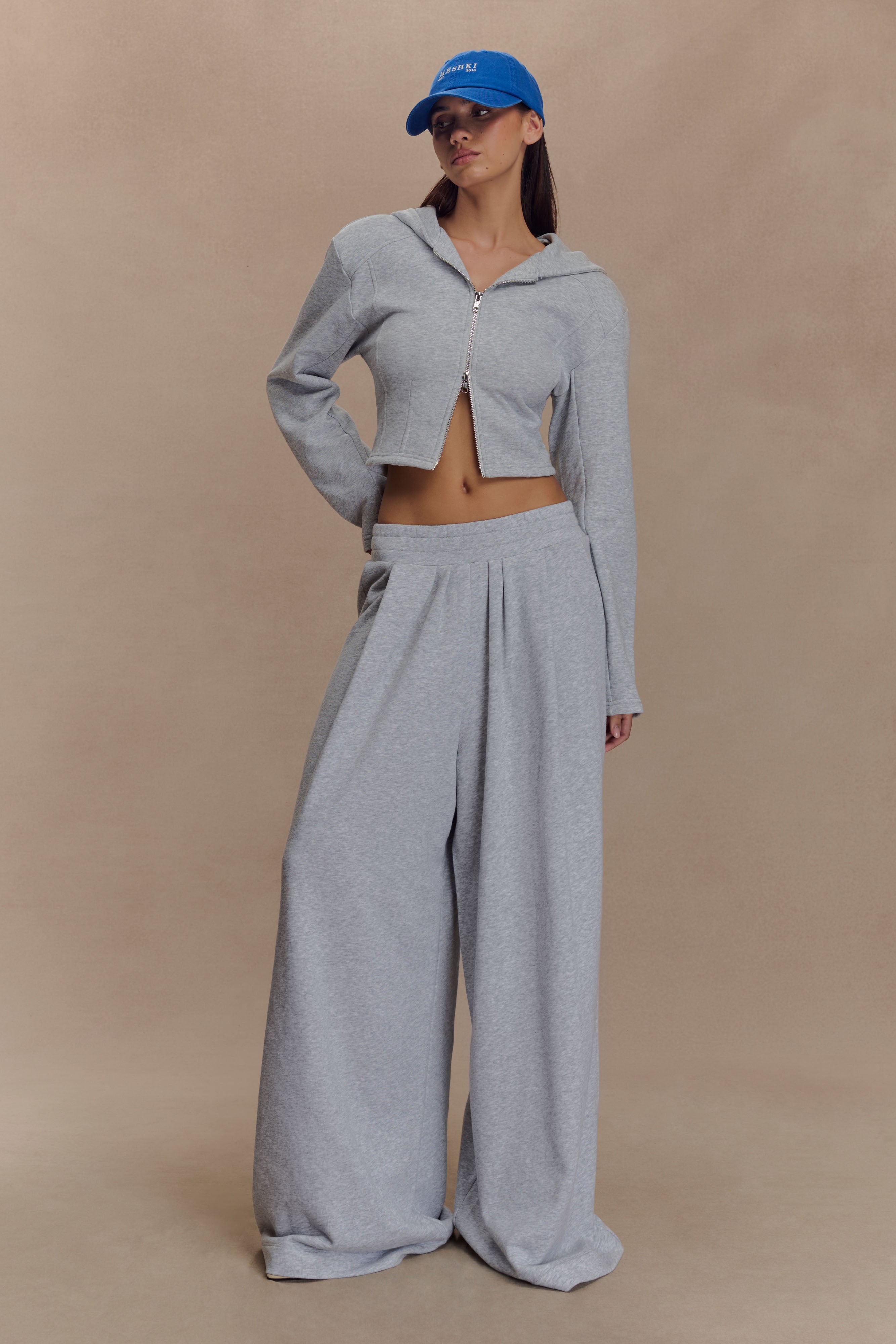 High Waisted Wide Leg Joggers with Gathered Waistband | Aspen Light Grey Marle