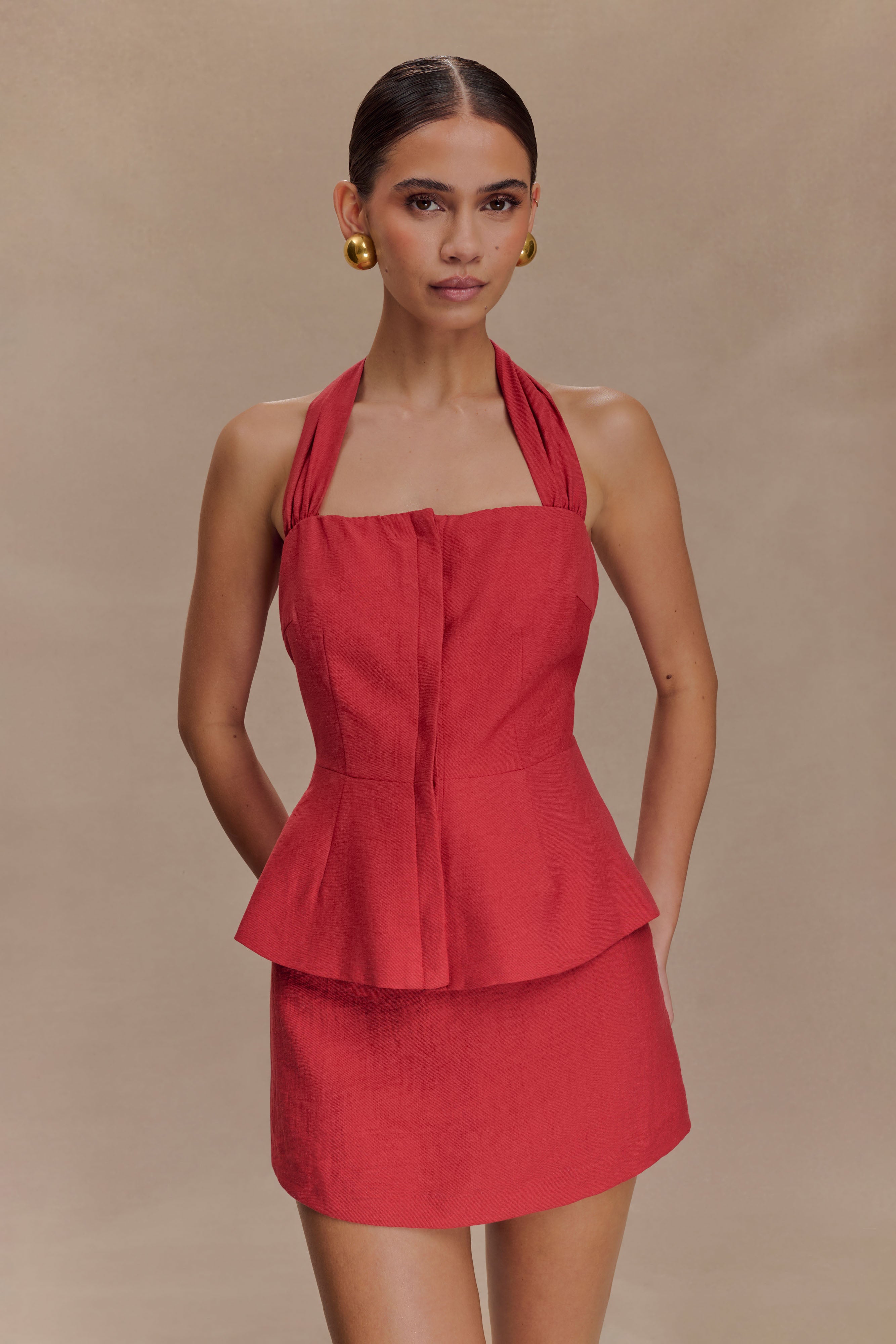 Linen Peplum Halter Top for Women - Burnt Rose | Kallie
