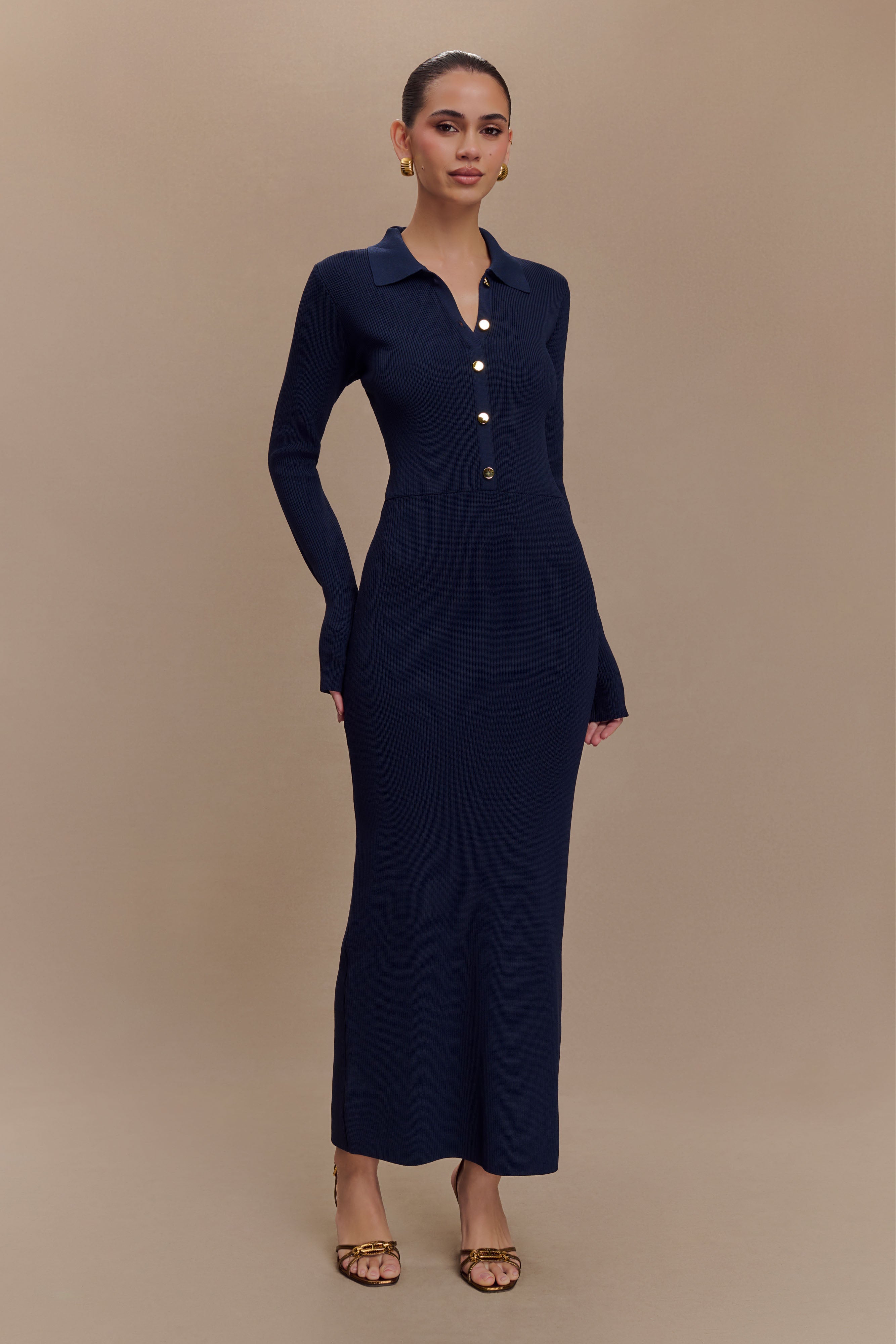 Buttoned Knit Midi Dress with Collar & Cinched Waist | Abbey