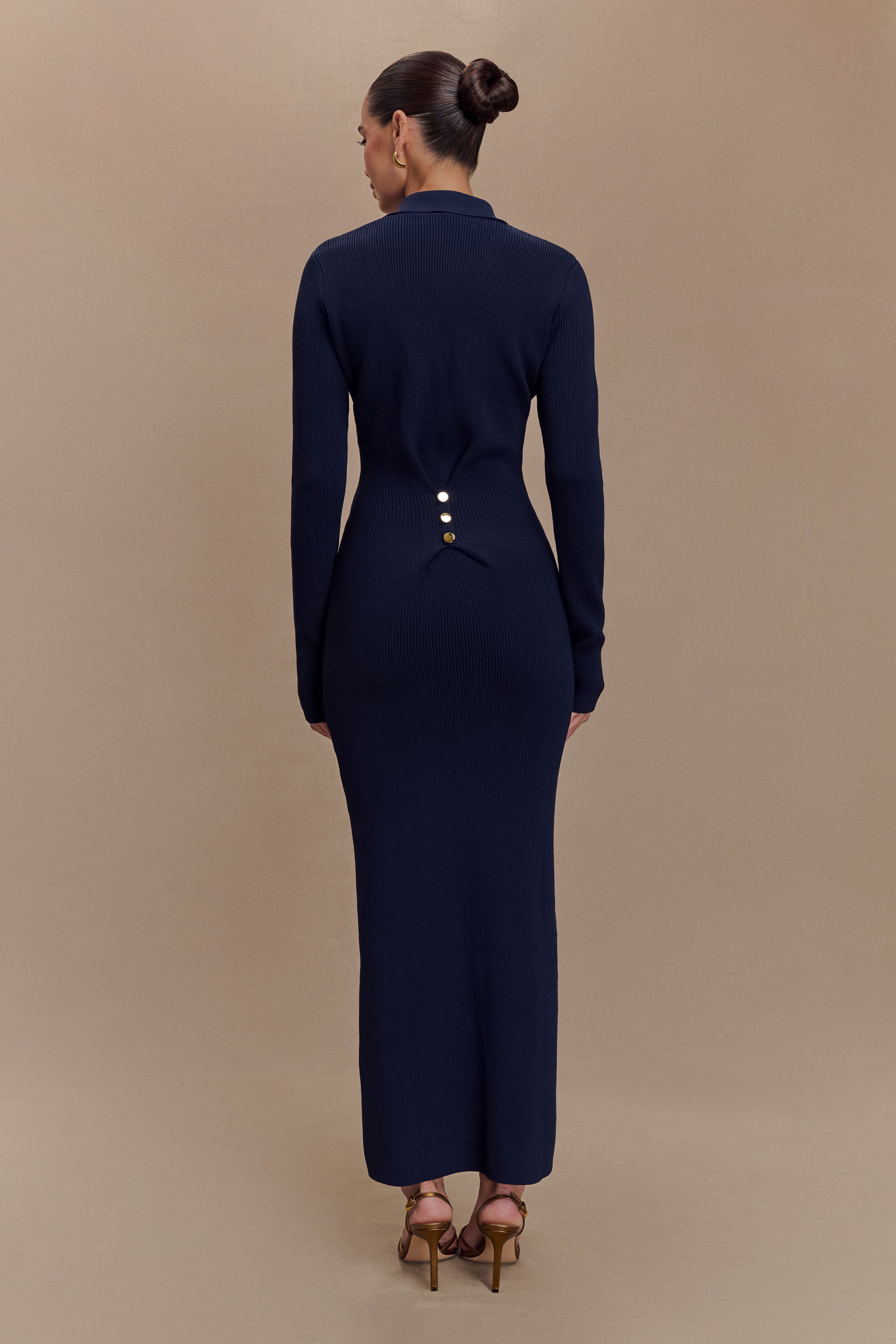 Buttoned Knit Midi Dress with Collar & Cinched Waist | Abbey