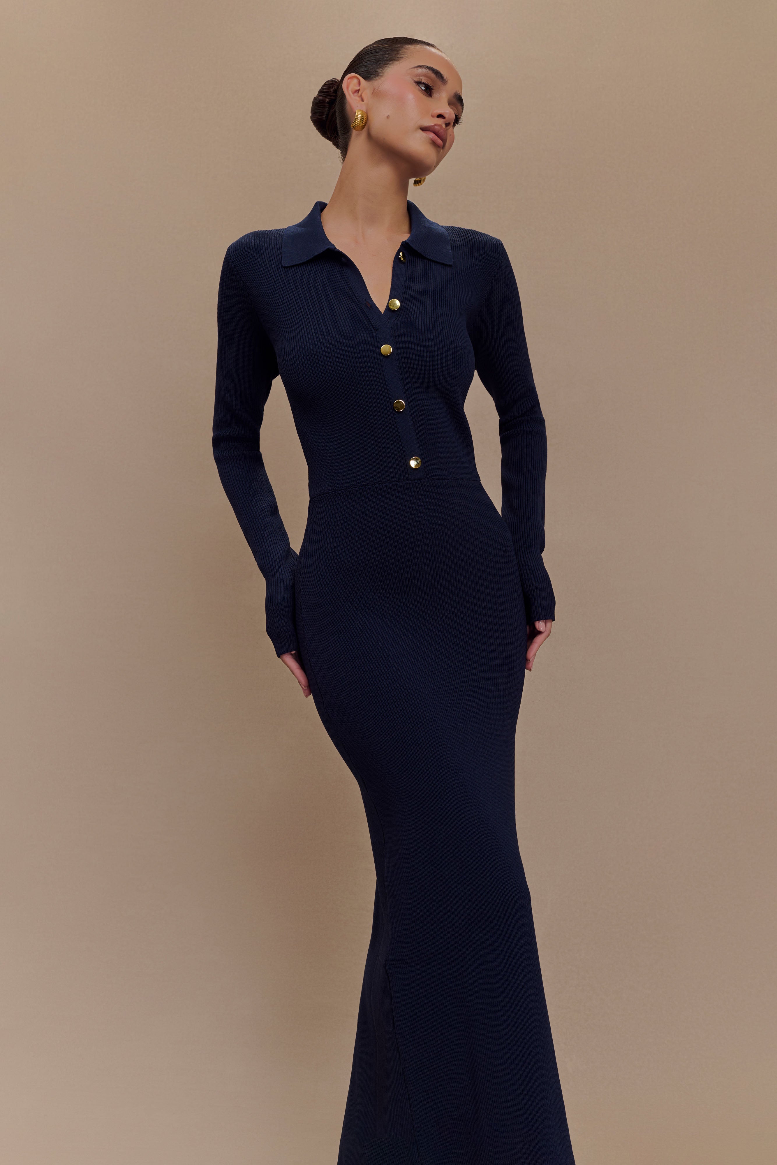 Buttoned Knit Midi Dress with Collar & Cinched Waist | Abbey