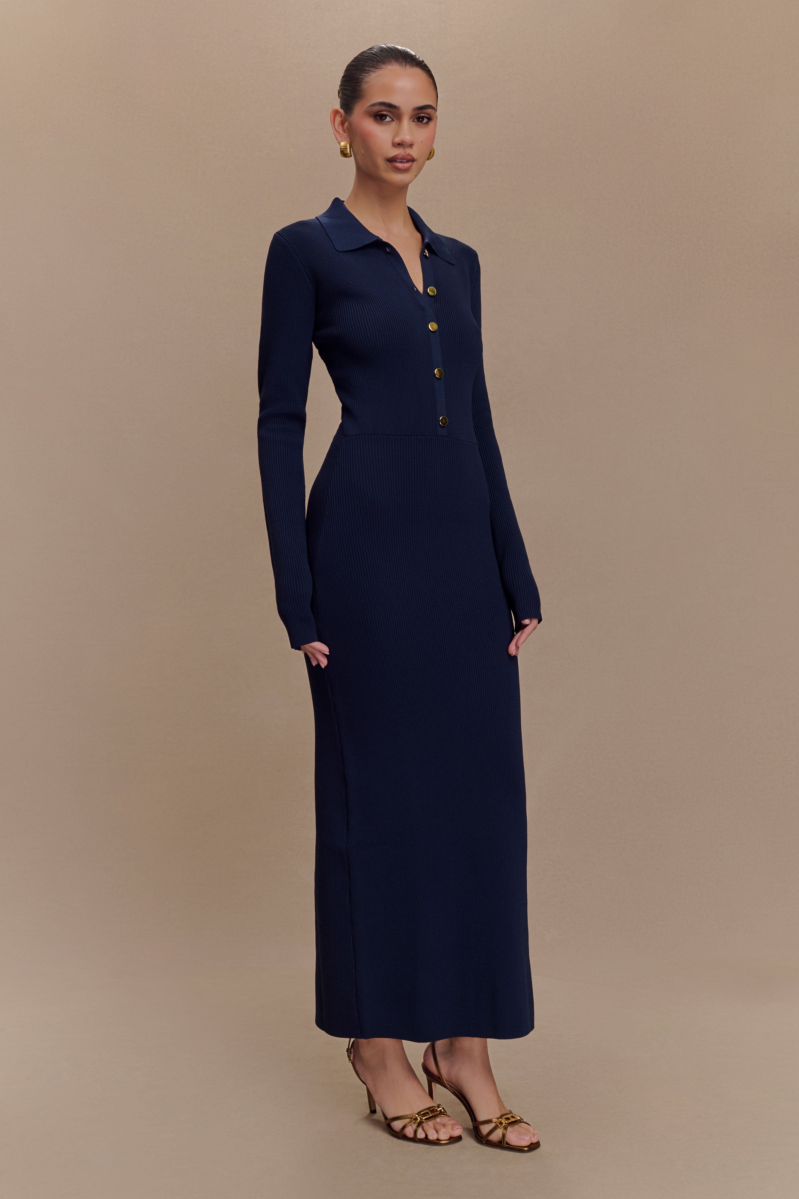 Buttoned Knit Midi Dress with Collar & Cinched Waist | Abbey