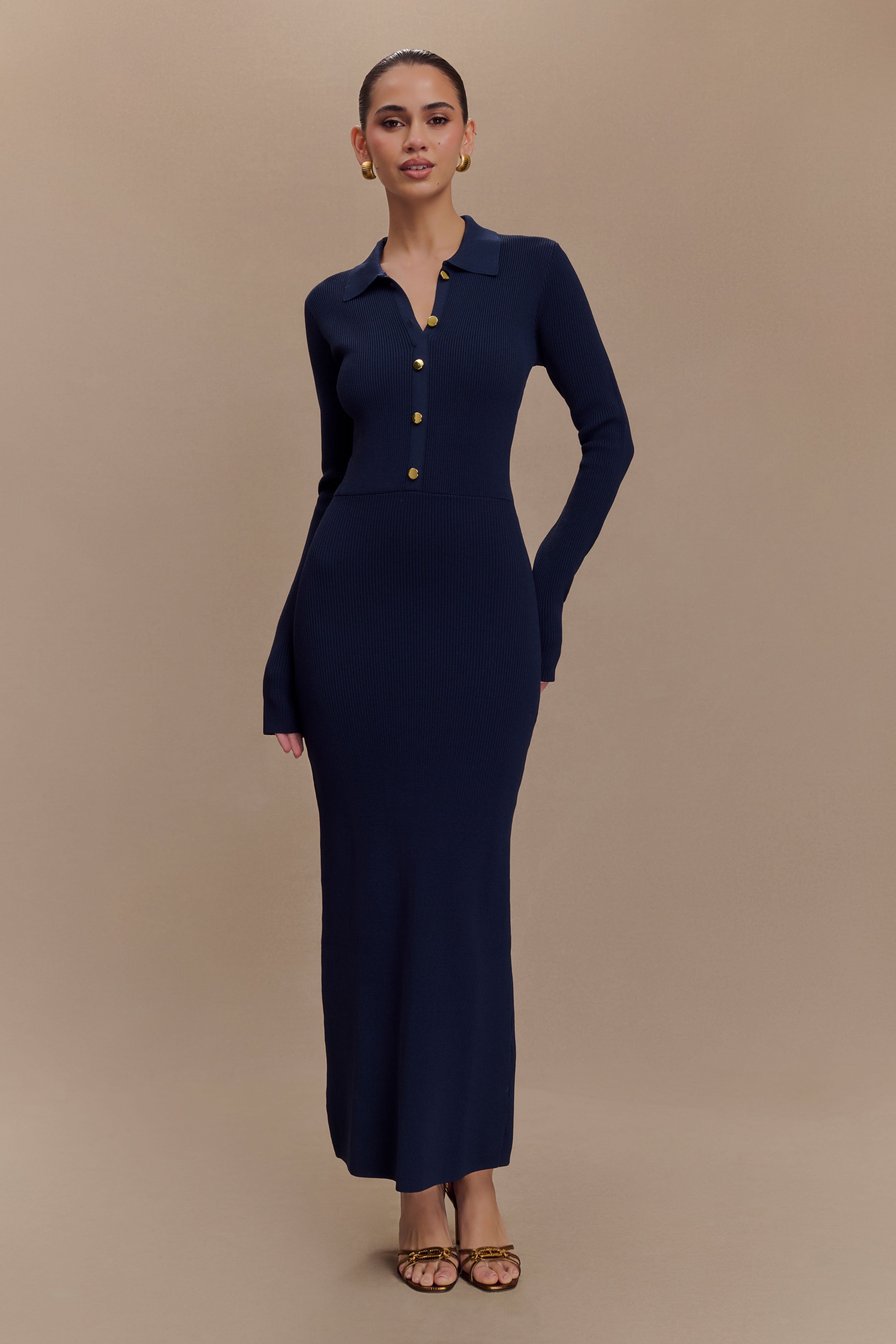 Buttoned Knit Midi Dress with Collar & Cinched Waist | Abbey