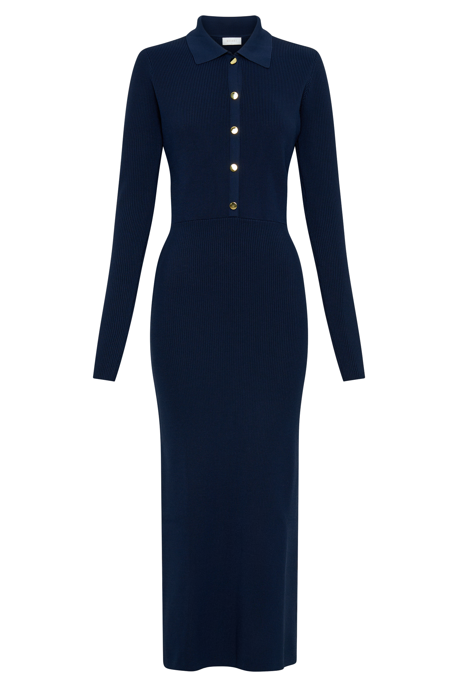 Buttoned Knit Midi Dress with Collar & Cinched Waist | Abbey