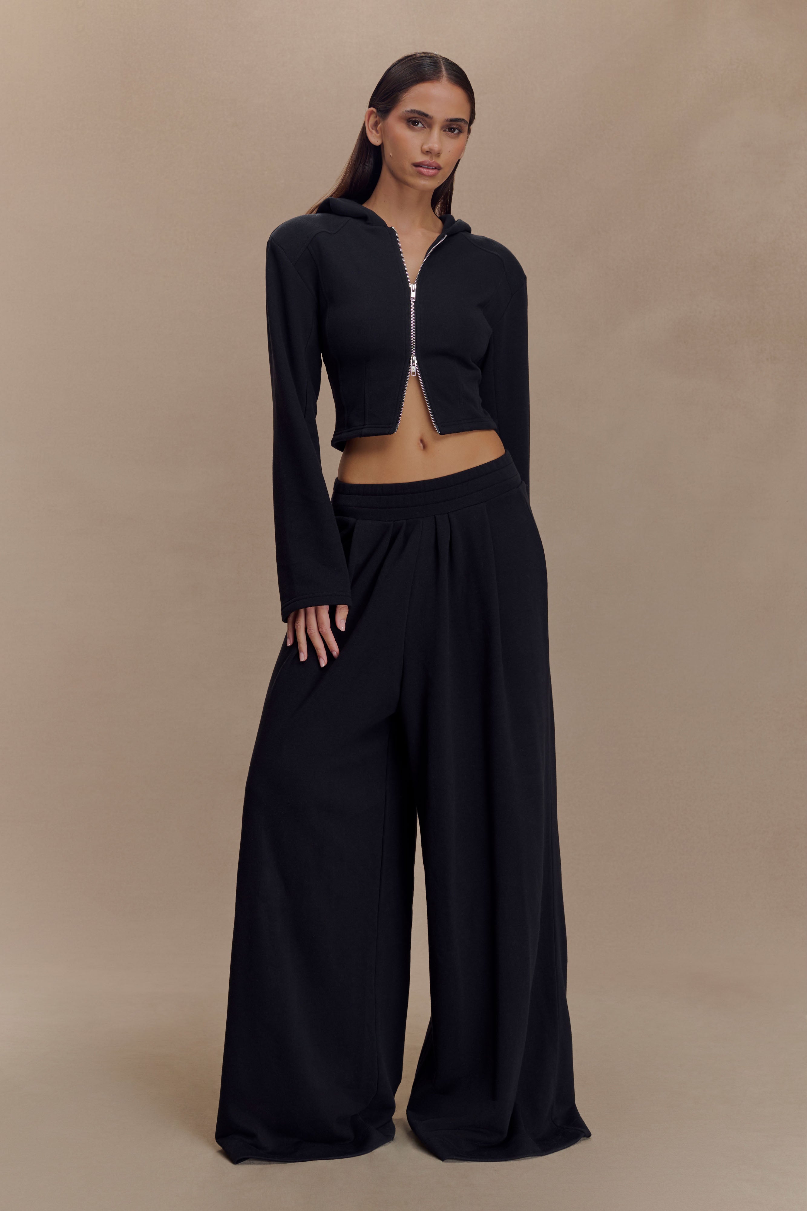 High Waisted Wide Leg Joggers with Gathered Waistband | Aspen Black