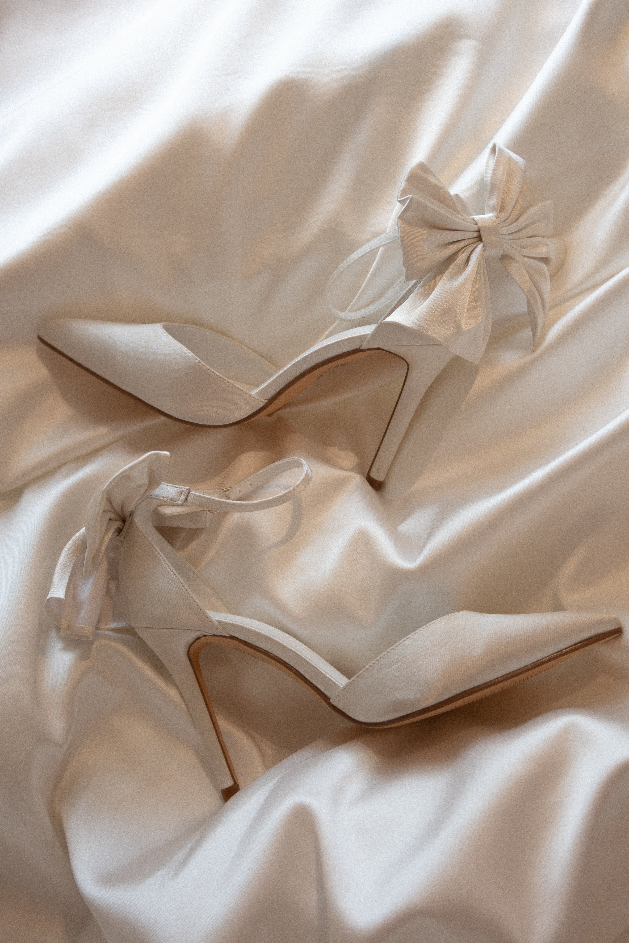 White Satin Bow Heels with Ankle Strap | Charmed 10cm