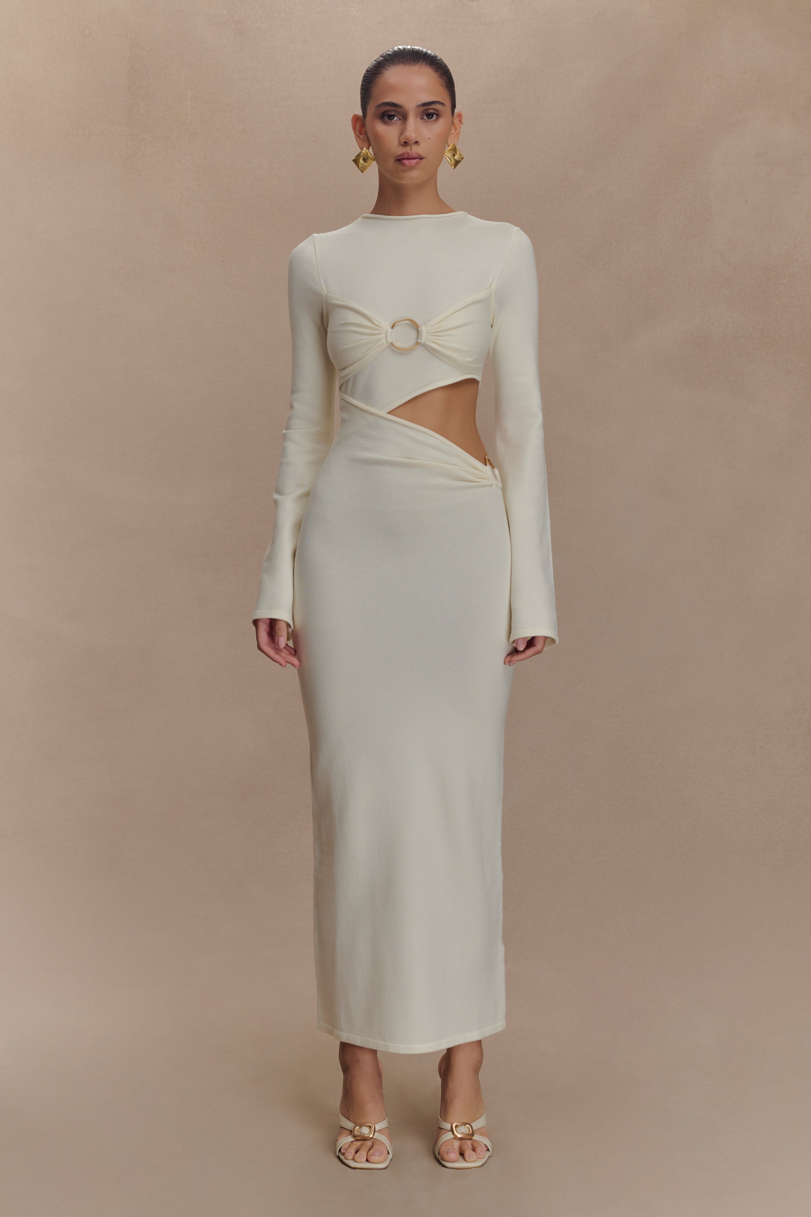 Long Sleeve Knit Midi Dress with Waist Cutout | Azariah Ivory